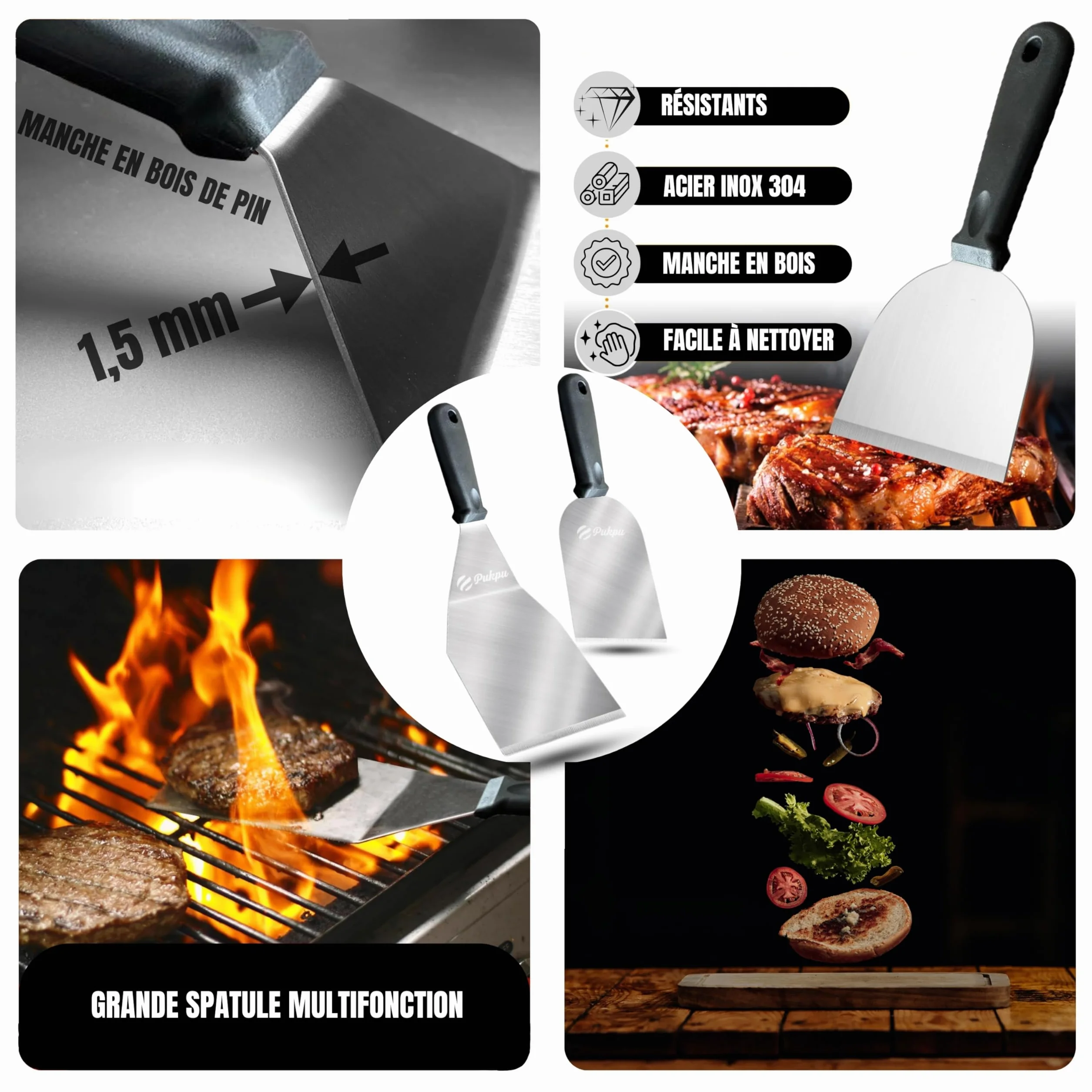 Kit Smash Burger 6 Pièces Noir – Presse Hamburger, Spatules INOX, Cloches Fromage