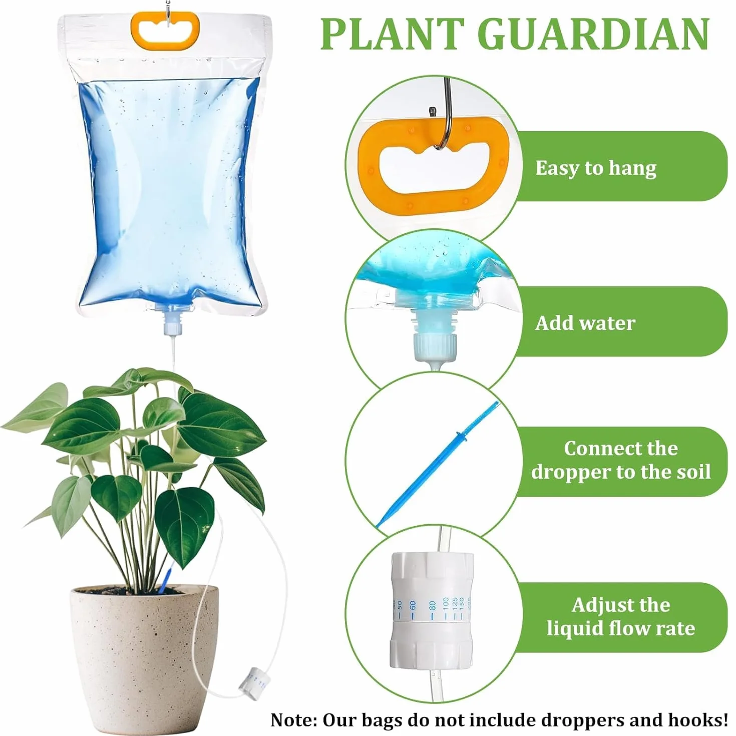 Sac d’Arrosage Automatique 3,5L 5 Pièces: Système Goutte à Goutte avec Débit Réglable pour Plantes Intérieur Extérieur