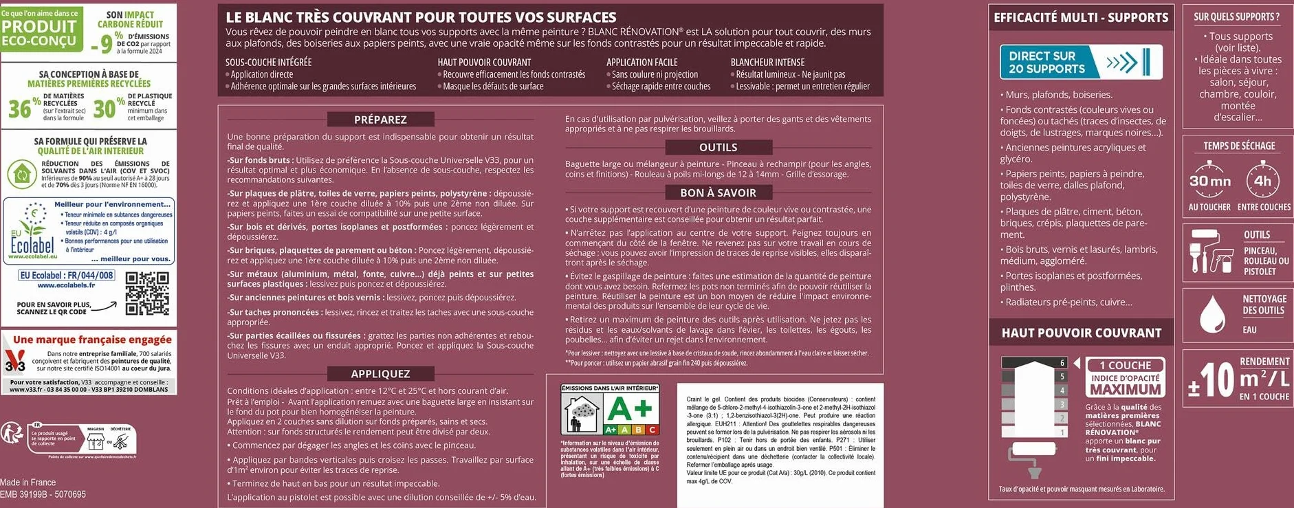 V33 Peinture blanche mur et plafond mat - multi-supports - monocouche - BLANC RENOVATION®, 5L