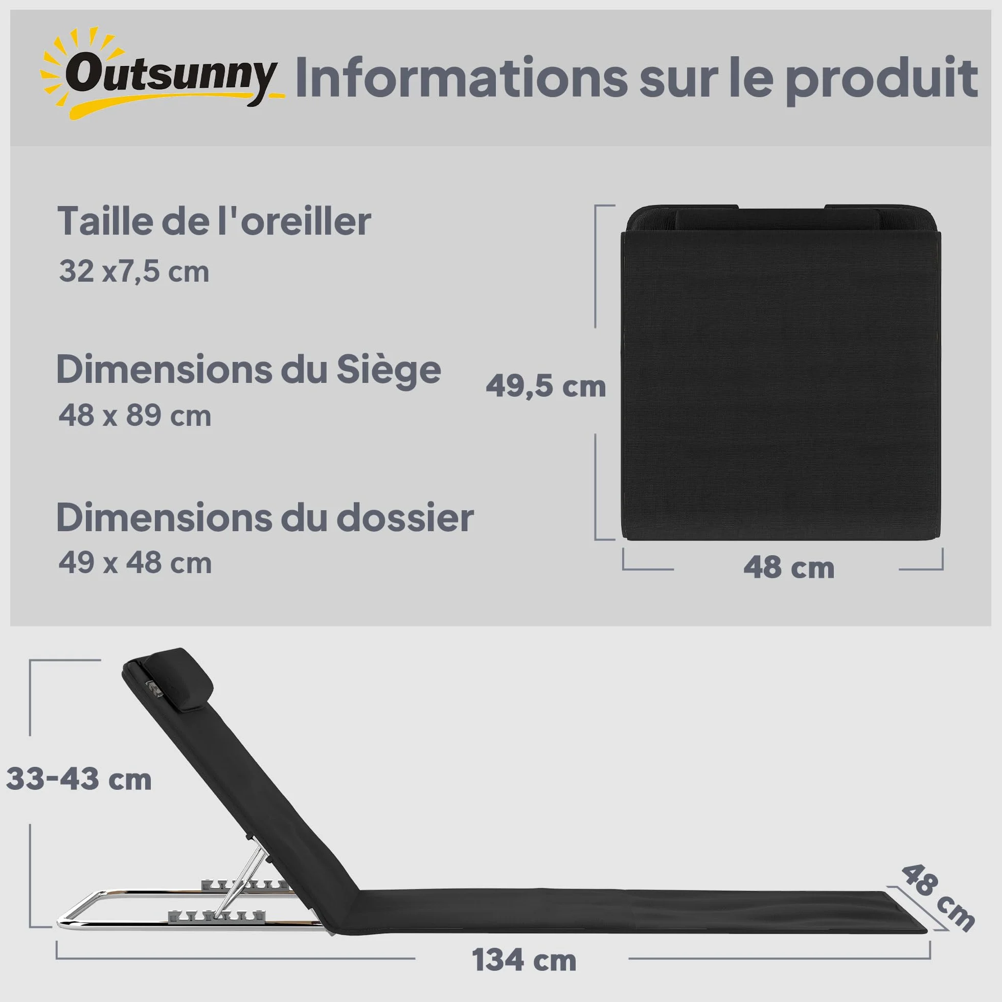 Outsunny Lot de 2 Tapis de Plage rembourré avec Dossier inclinable Multi-Positions et Sac Transport - Métal Polyester PE Noir