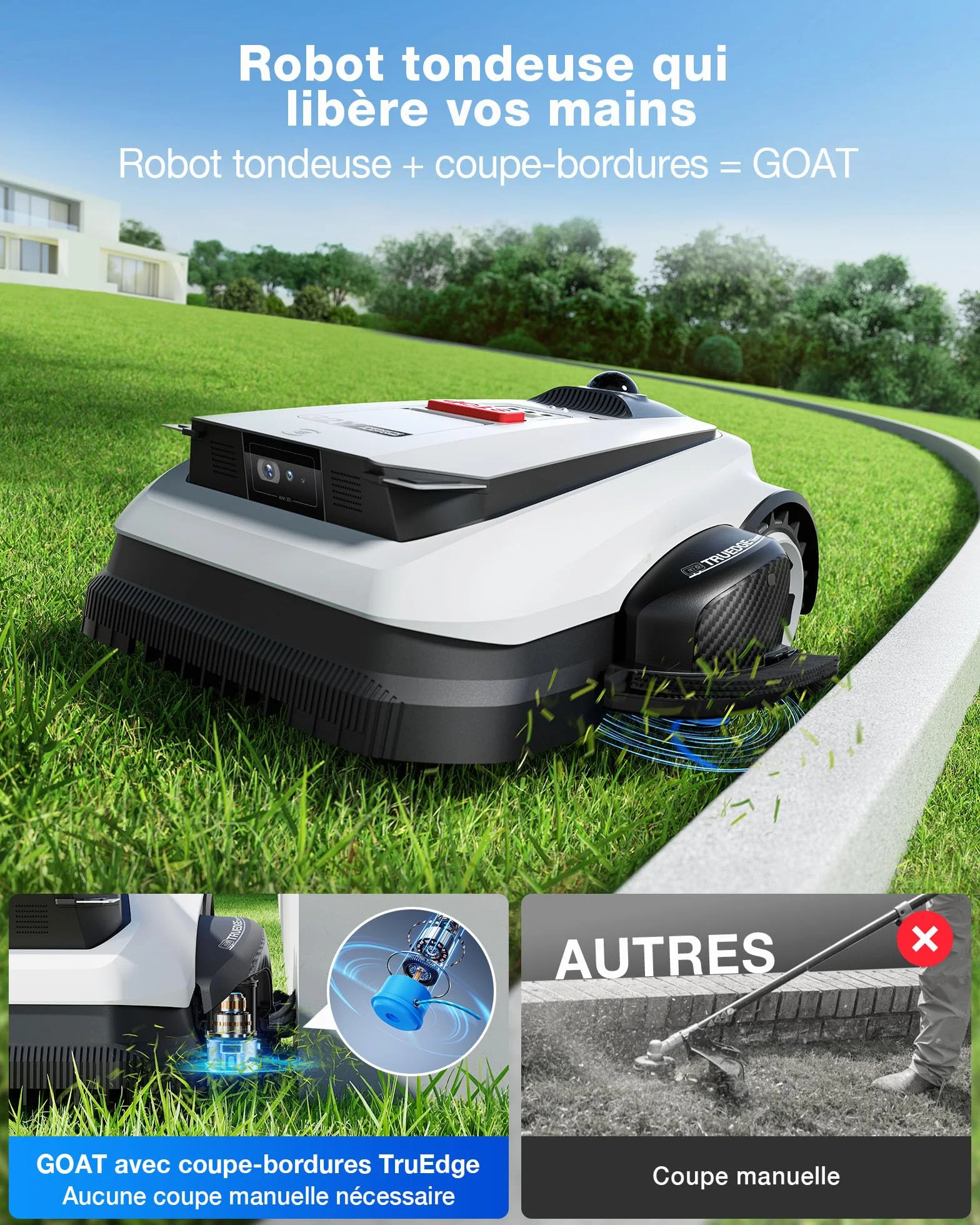 Ecovacs Goat A1600 LiDAR Pro Robot Tondeuse sans Fil 1600 M² Navigation Dual-LiDAR 360° Évitement d'obstacles 3D par IA Charge Ultrarapide