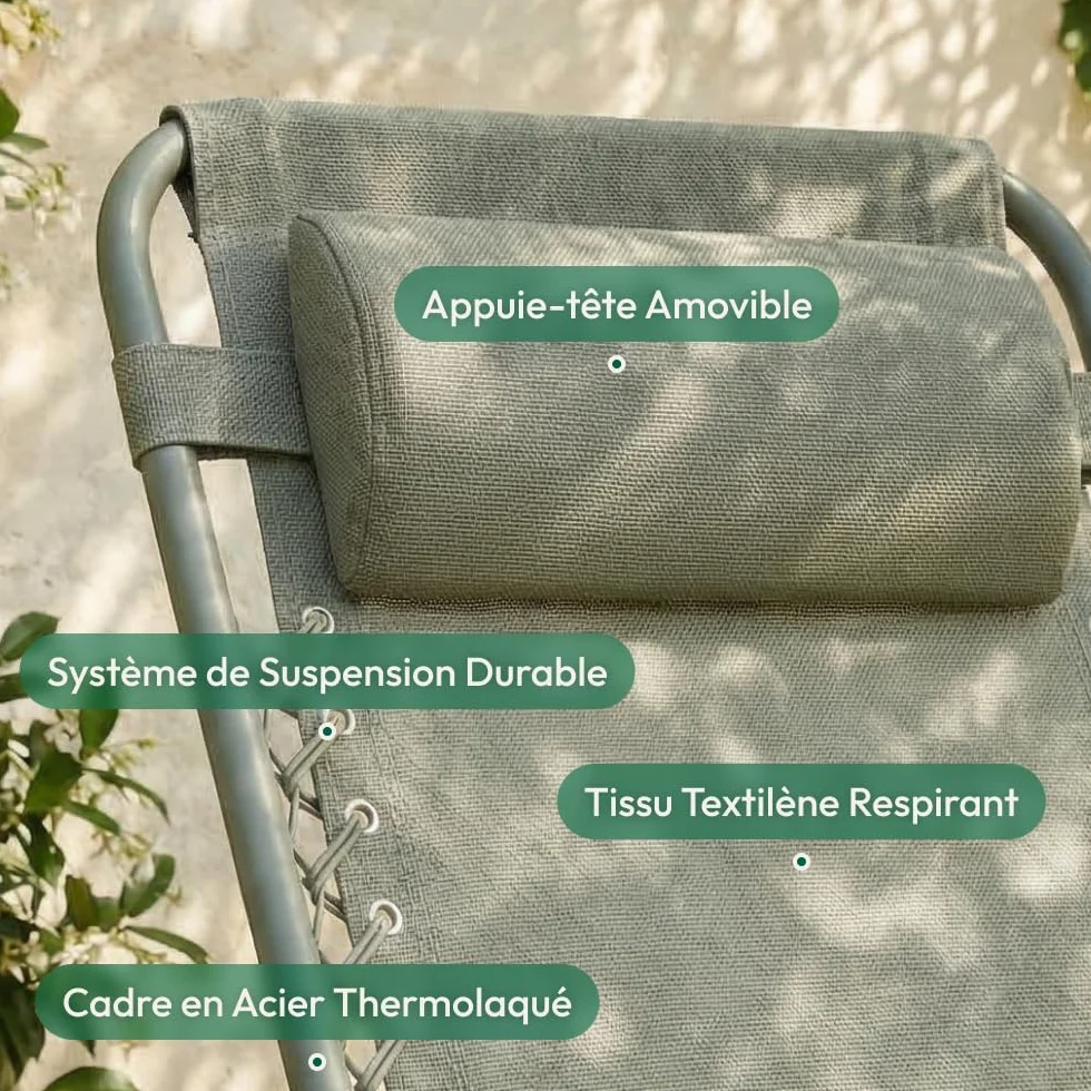 CASABEL Chaise Pliante Zéro Gravité Fauteuil Extérieur Inclinable Acier Anti-Rouille Toile Textilene Vert Sauge Coussin