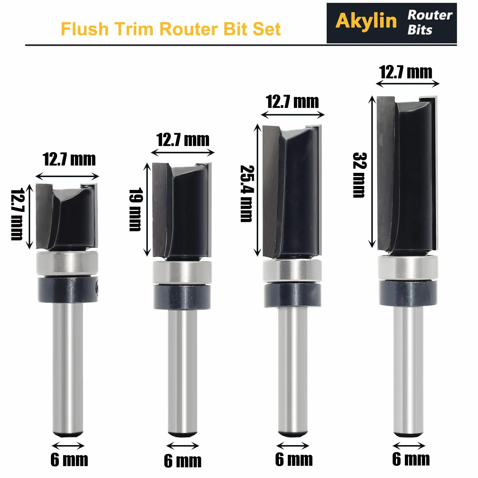 Lot de 4 Fraises à Copier Bois à Tige de 6 mm, Dotées de Roulements à Billes, Outil de Coupe Professionnel pour Routeur, Pour Bois