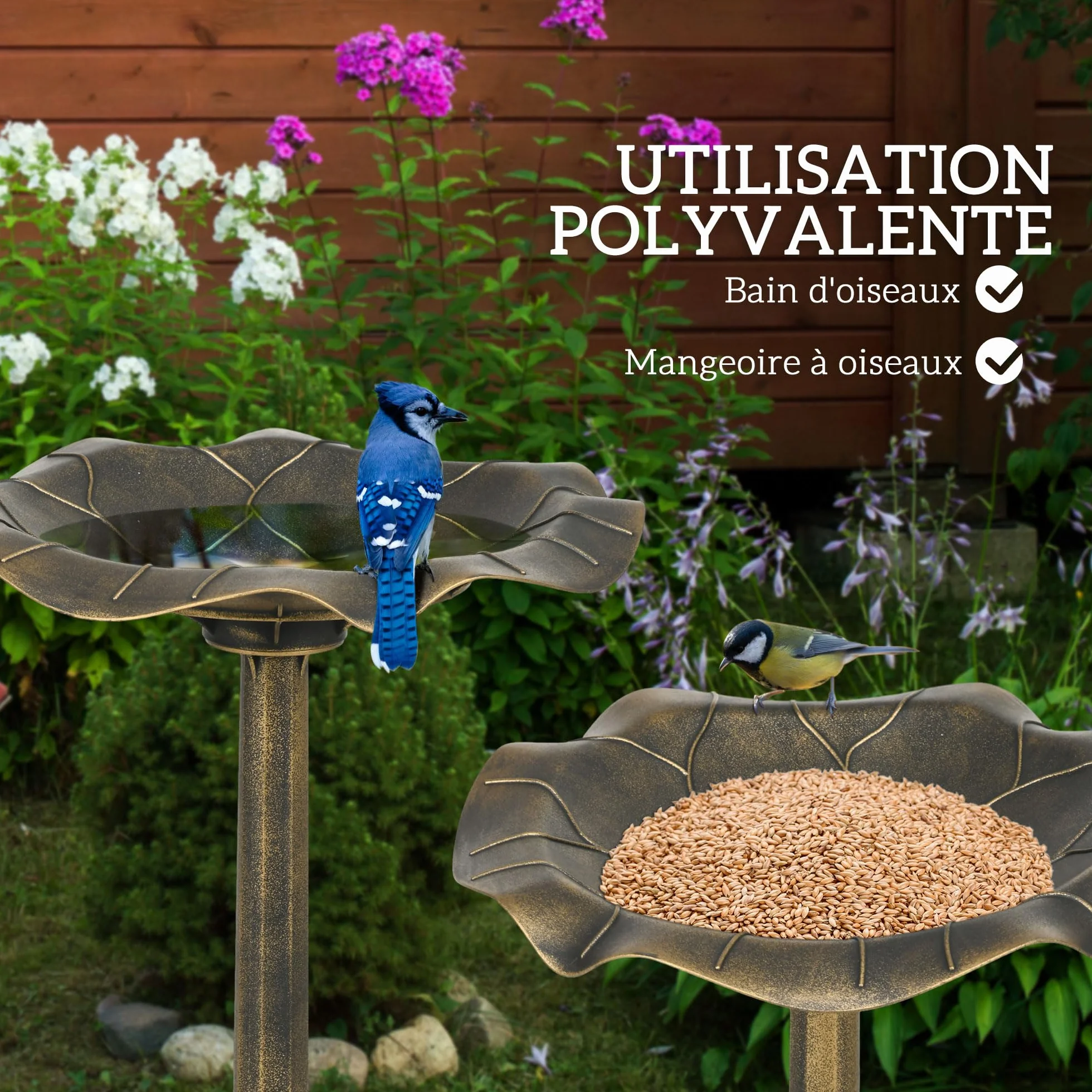 Outsunny Bain d'oiseaux Abreuvoir Mangeoire Bassin Feuille de Lotus Ø 50 x 71H cm Polypropylène Bronze Antique