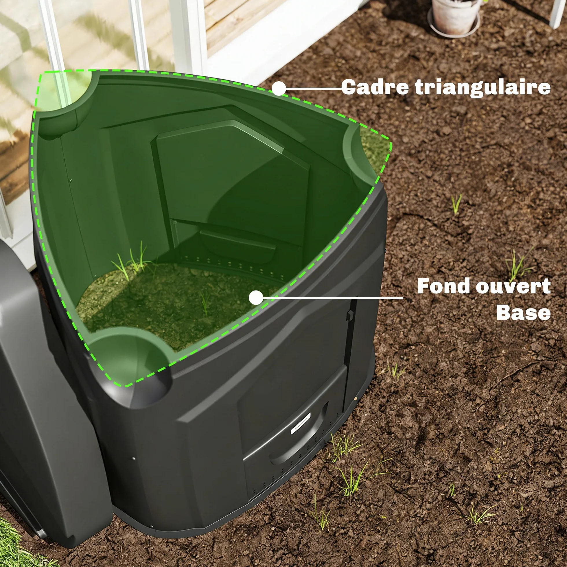Outsunny Composteur de Jardin 240L Bac à Compost Triangulaire 78x75x78 cm Polypropylène 3 Portes Noir