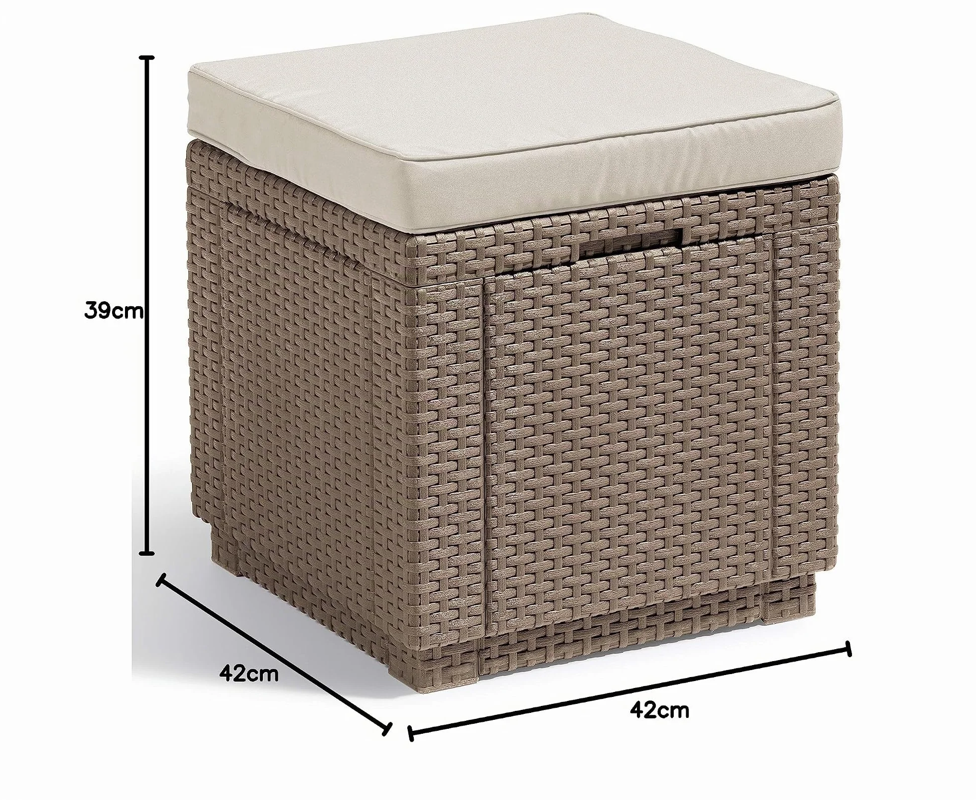 Allibert par Keter Tabouret cubique avec rangement cappuccino coussin inclus couvercle amovible aspect rotin résistant intempéries 42x42x39 cm