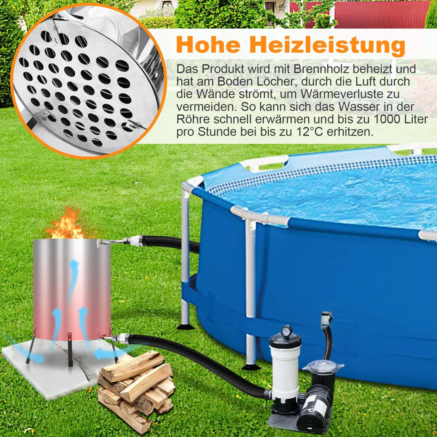 Gimisgu Chauffage de Piscine avec Feu Réservoir à Feu Seau en Acier Inoxydable Raccords 32/38mm