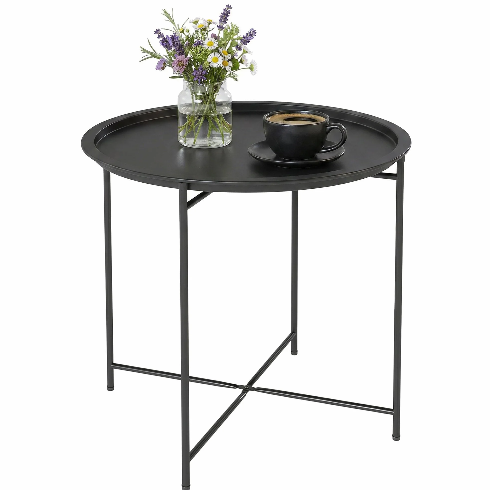Outsunny Petite Table Basse Ronde d'Appoint de Jardin en Acier avec Plateau Amovible, Noir
