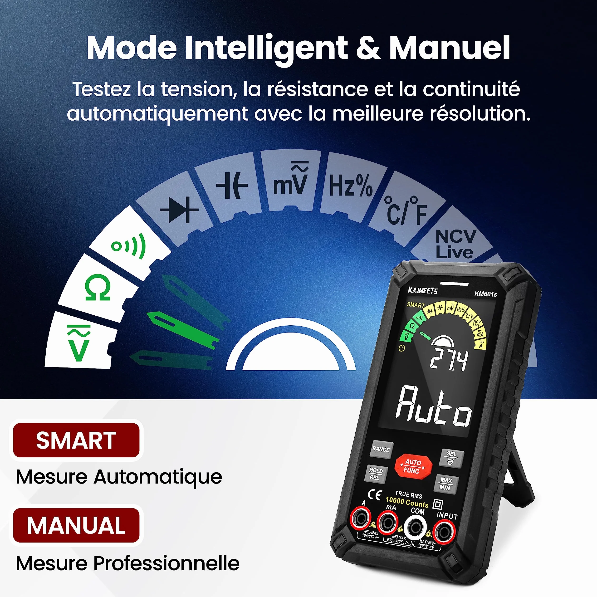 KAIWEETS Multimètre Automatique Rechargeable 10000 Comptes, Multimètre Numérique Professionnel, Testeur Electrique, Mesure de Courant Tension Résistance Continuité Capacité Diode Fréquence