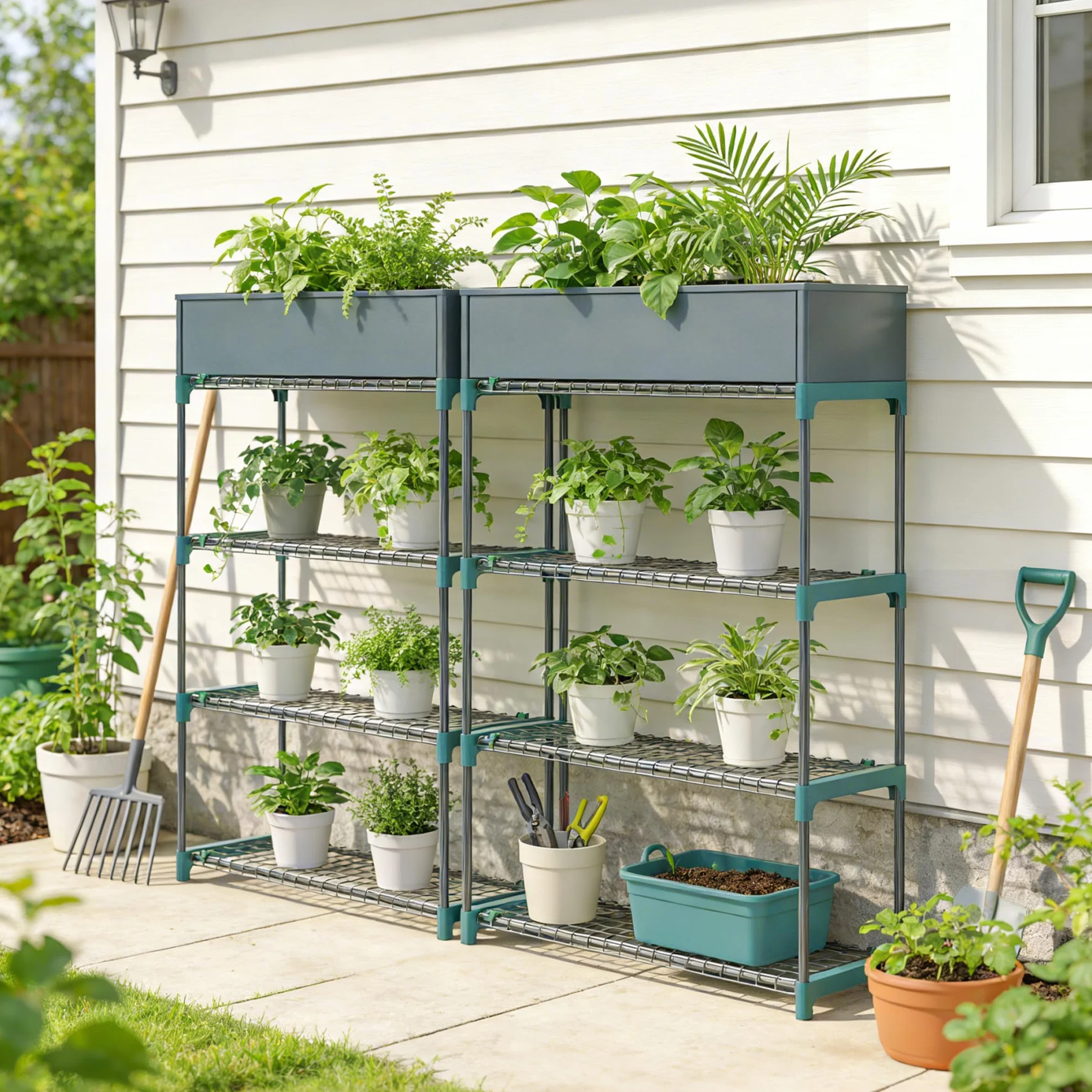Outsunny Étagères à Plantes 4 Niveaux 90 x 28 x 104 cm Vert Lot de 2 Métal Intérieur Extérieur