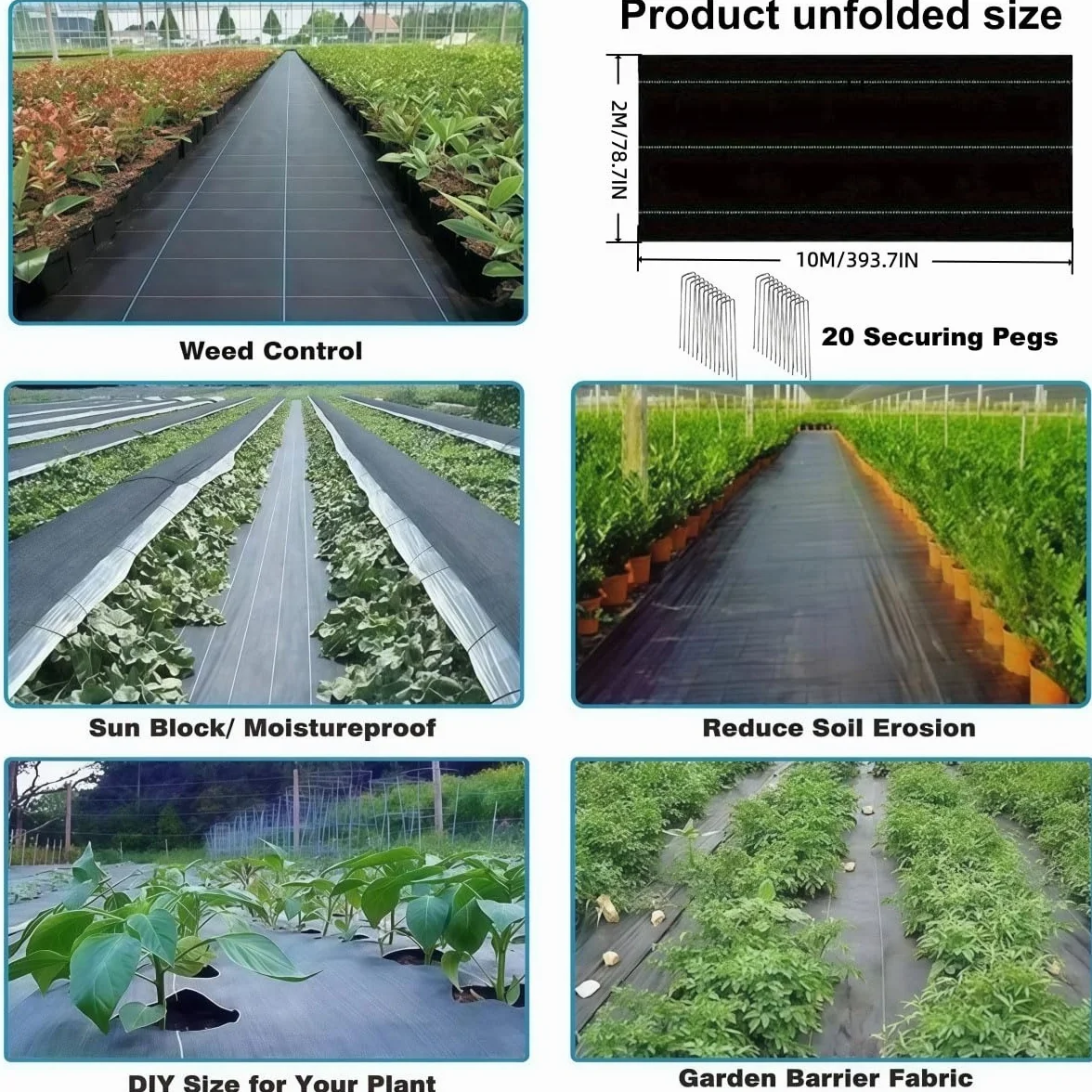 Membrane Anti-Mauvaises Herbes Haute Résistance 2m x 10m 20m² avec Piquets de Fixation