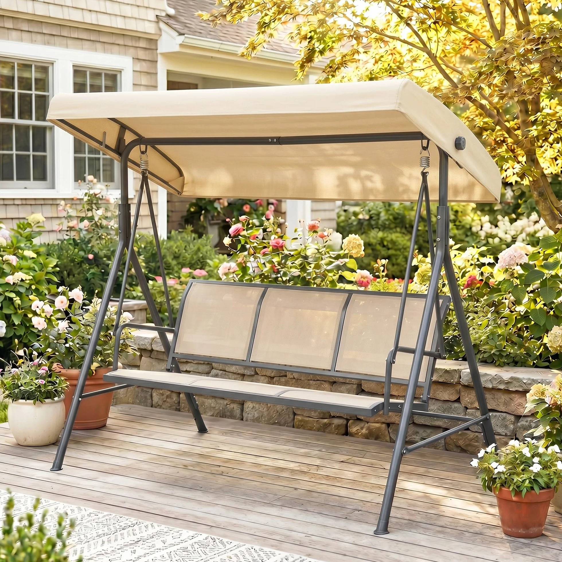 Outsunny Balancelle de Jardin 3 Places Toit Inclinaison réglable Acier époxy Beige