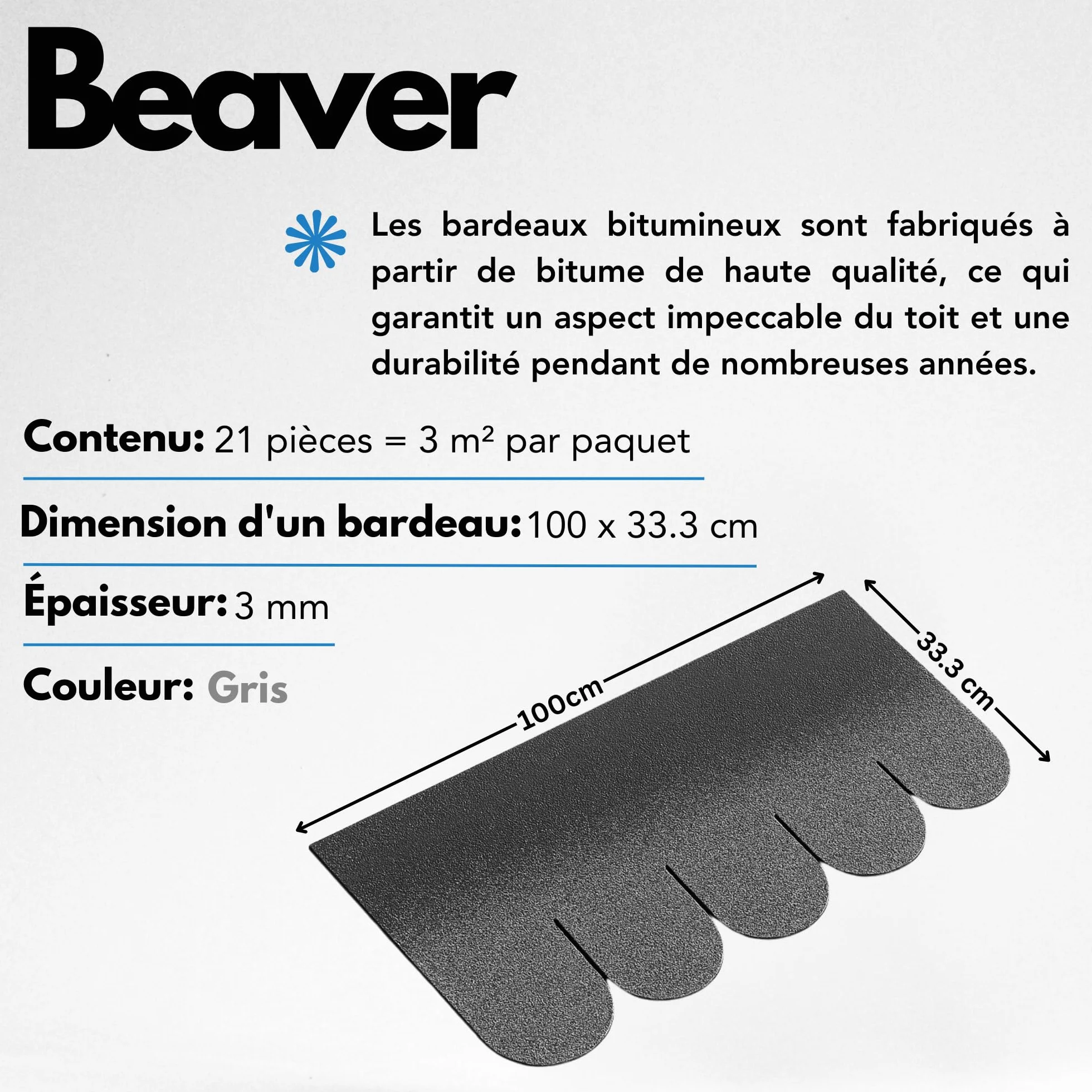 Lot de bardeaux bitumineux Timbela Beaver B-GREY - couleur gris, revêtement de toiture en bitume pour abri de jardin
