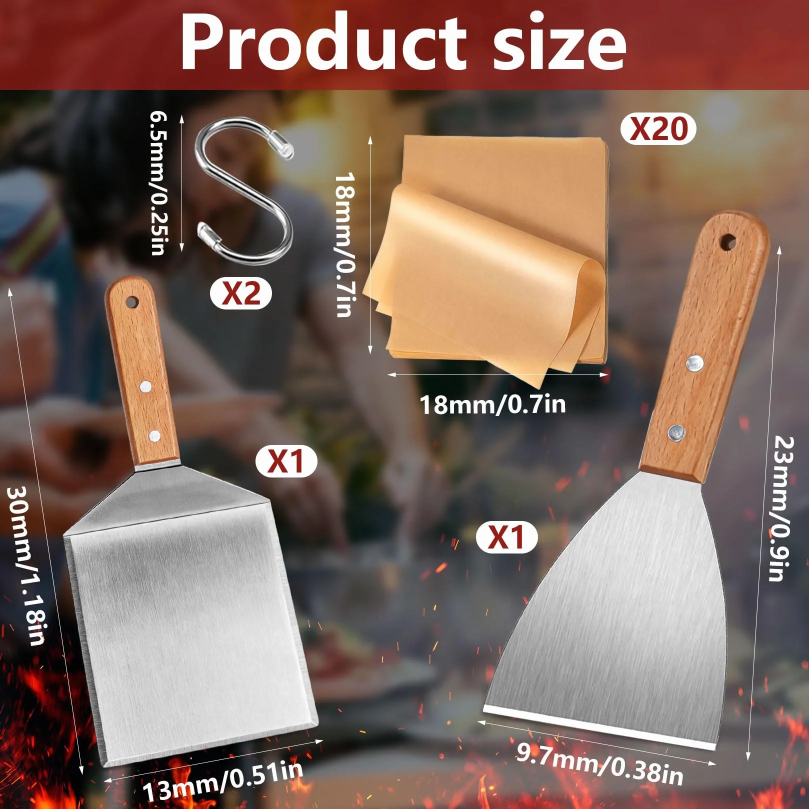 Spatule Plancha Inox avec Manche en Bois pour Barbecue Smash Burger BBQ Ustensile de Cuisine - 2 Pièces