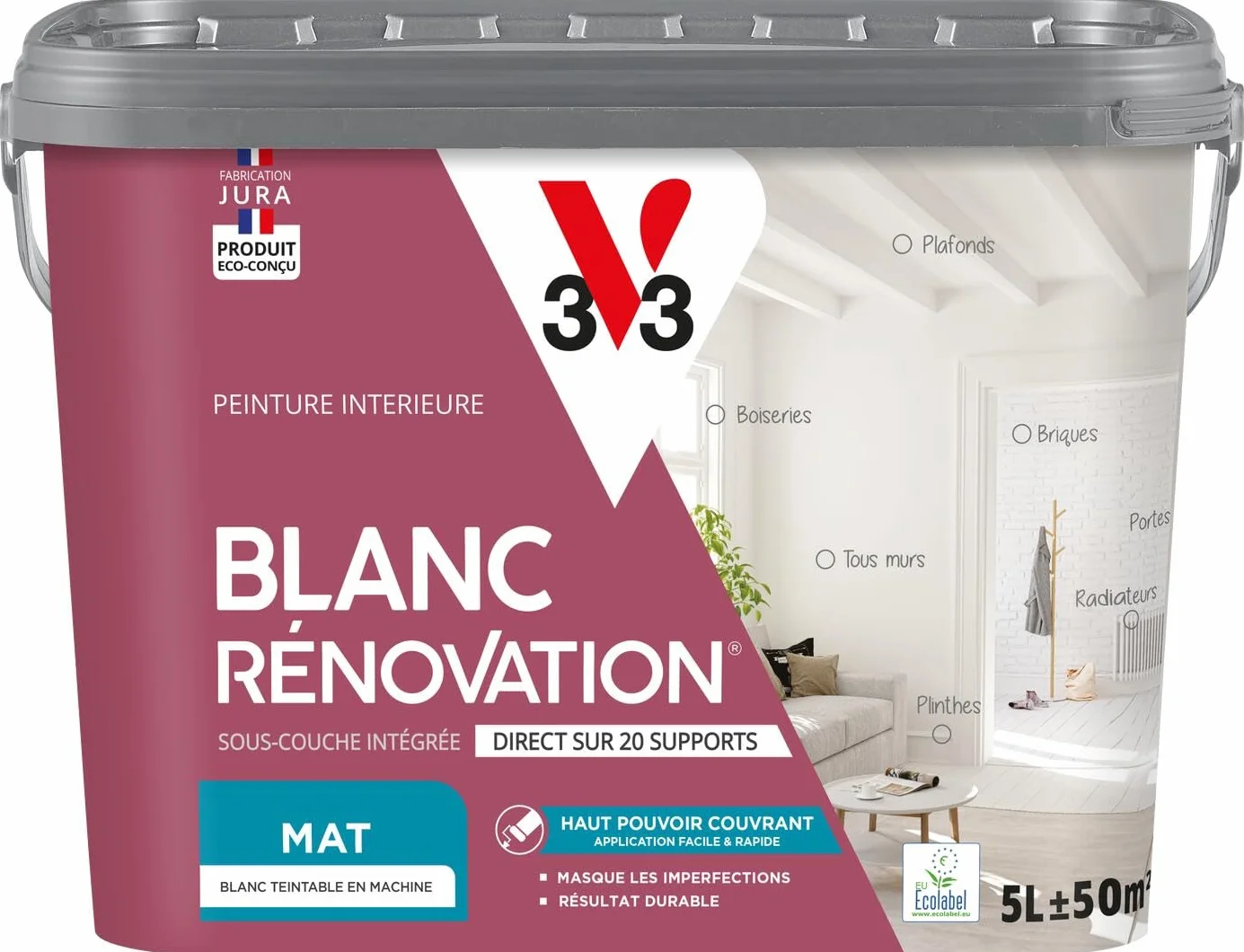 V33 Peinture blanche mur et plafond mat - multi-supports - monocouche - BLANC RENOVATION®, 5L