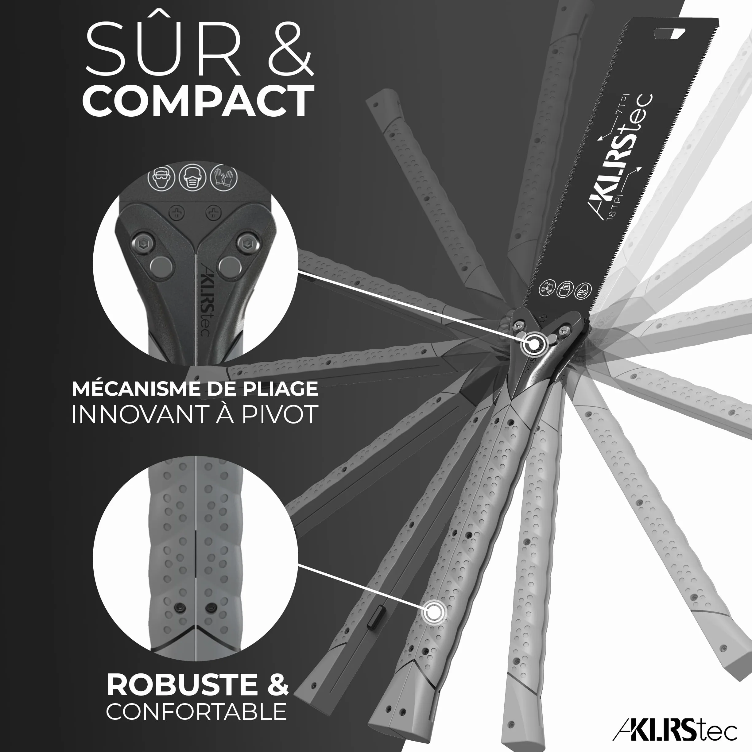 KLRStec Scie japonaise PRO XL - Lame de scie dentelée des deux côtés [240mm] en acier au carbone - Scie de traction pliable avec poignée TPU antidérapante