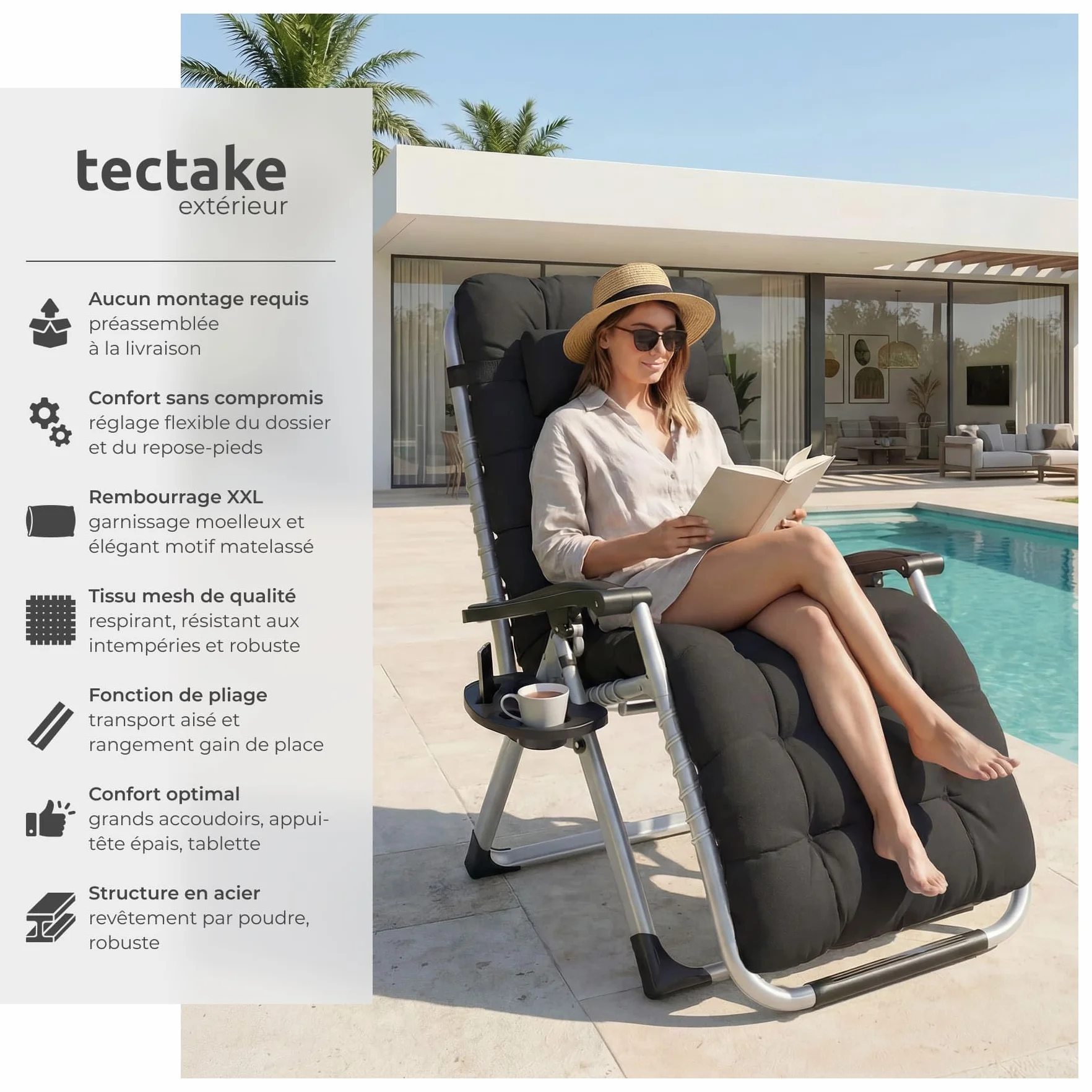 Tectake Fauteuil de Jardin Pliable avec Rembourrage, Repose Pieds, Accoudoirs, Appuie-tête Amovible, Structure Acier époxy