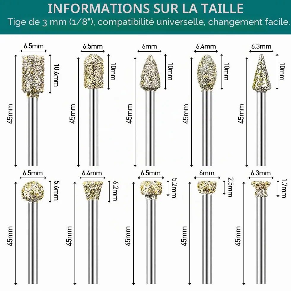 Fraise Diamant, Lot de 20 Fraises Diamantées Tige 1/8" Compatible avec Dremel pour Sculpture Gravure Meulage Polissage de Pierre, Roche, Verre, Céramique