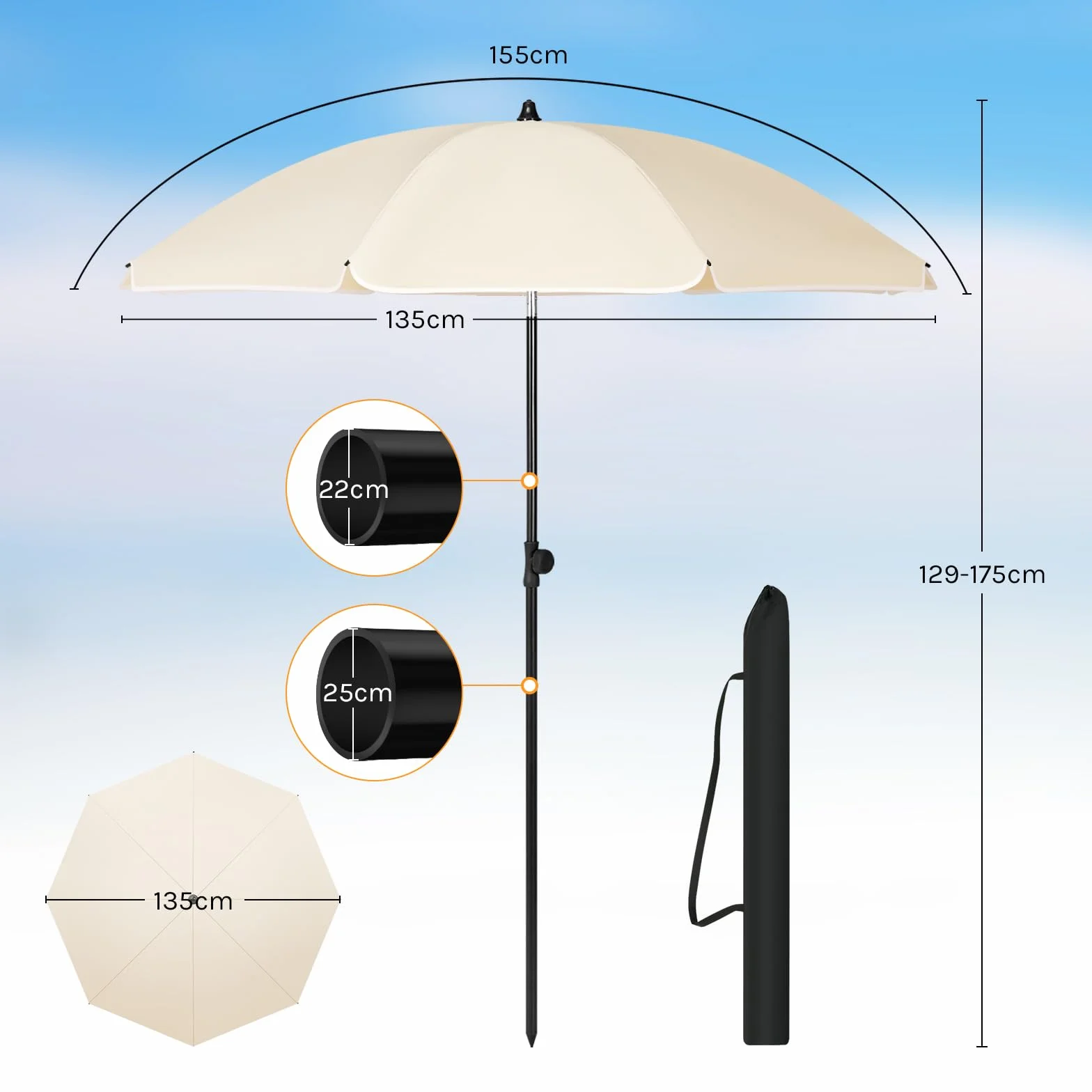 WOLTU Parasol de Jardin Extérieur Anti-UV φ 135 cm Beige, Inclinable et Hauteur Réglable
