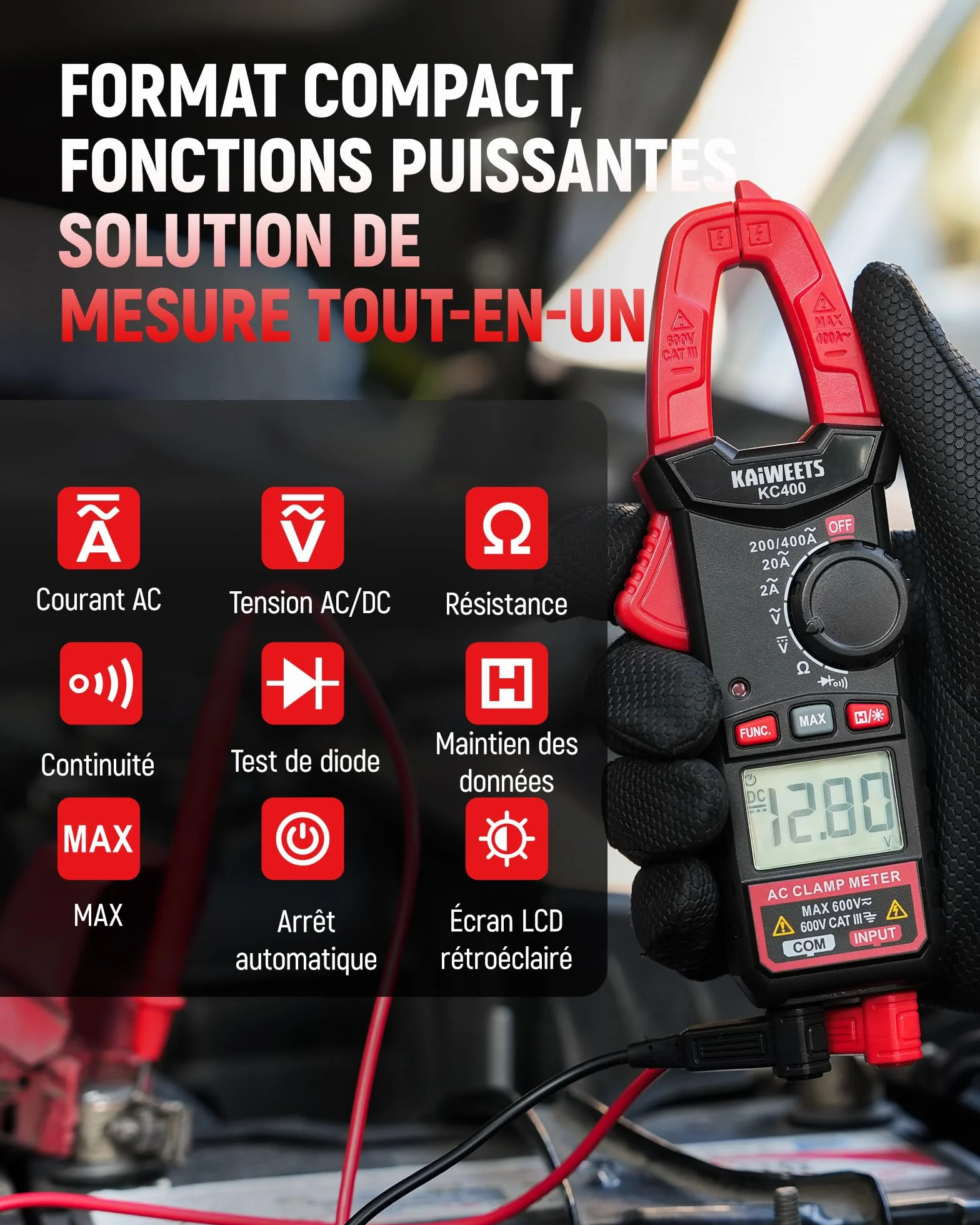 KAIWEETS Pince Ampèremétrique 400A avec NCV, Multimètre Automatique 600V Testeur de Tension AC/DC, 2000 Points, Voltmètre, Amperemetre, Résistance, Continuité & Diode, Compact, KC400