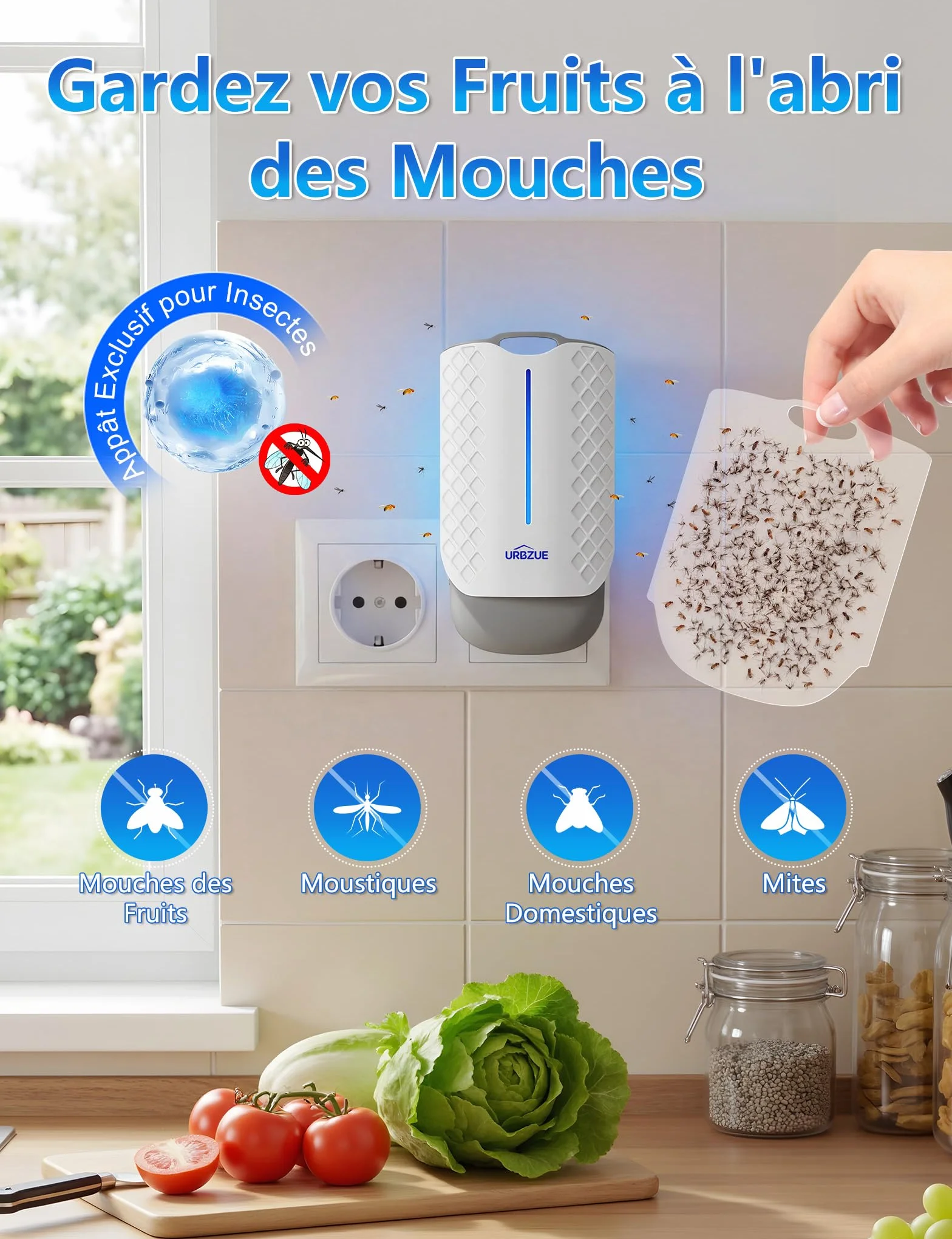 Piège Moucherons Intérieur UV avec Prise Rotative 180°, Anti Moustiques, 1 Appareil + 6 Recharges