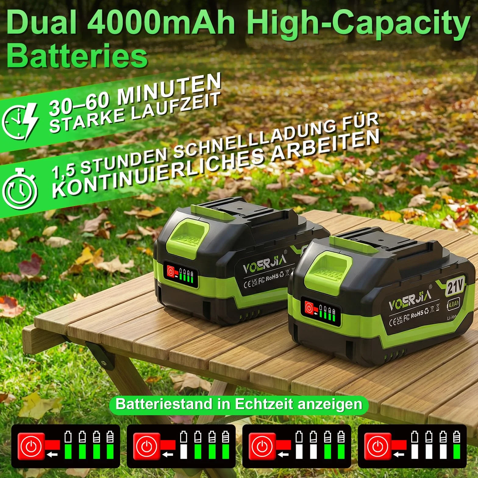 Souffleur à feuilles sans fil 21 V 4000 mAh avec 2 batteries et chargeur