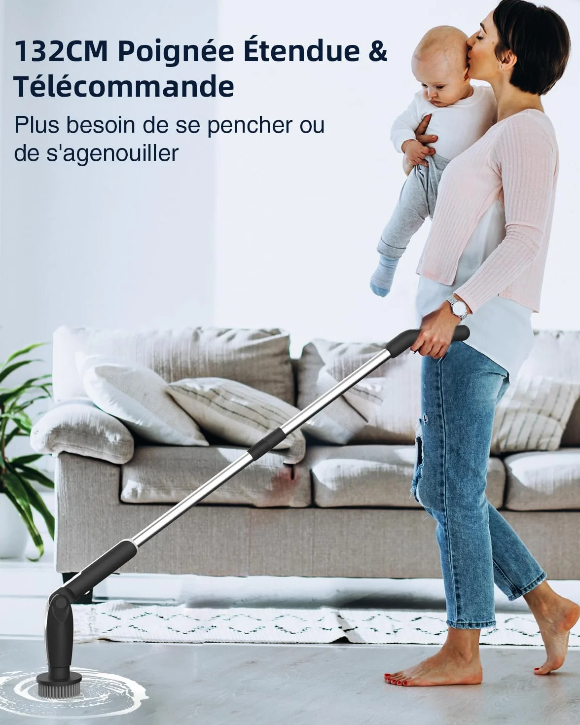 Leebein Brosse Électrique Nettoyage, 2026 Brosse Nettoyage sans Fil avec 8 Brosses Remplaçables, Télécommande, 2 Vitesses de Rotation et Longueur Réglable 38-132CM pour Salle de Bain/Cusine/Voiture