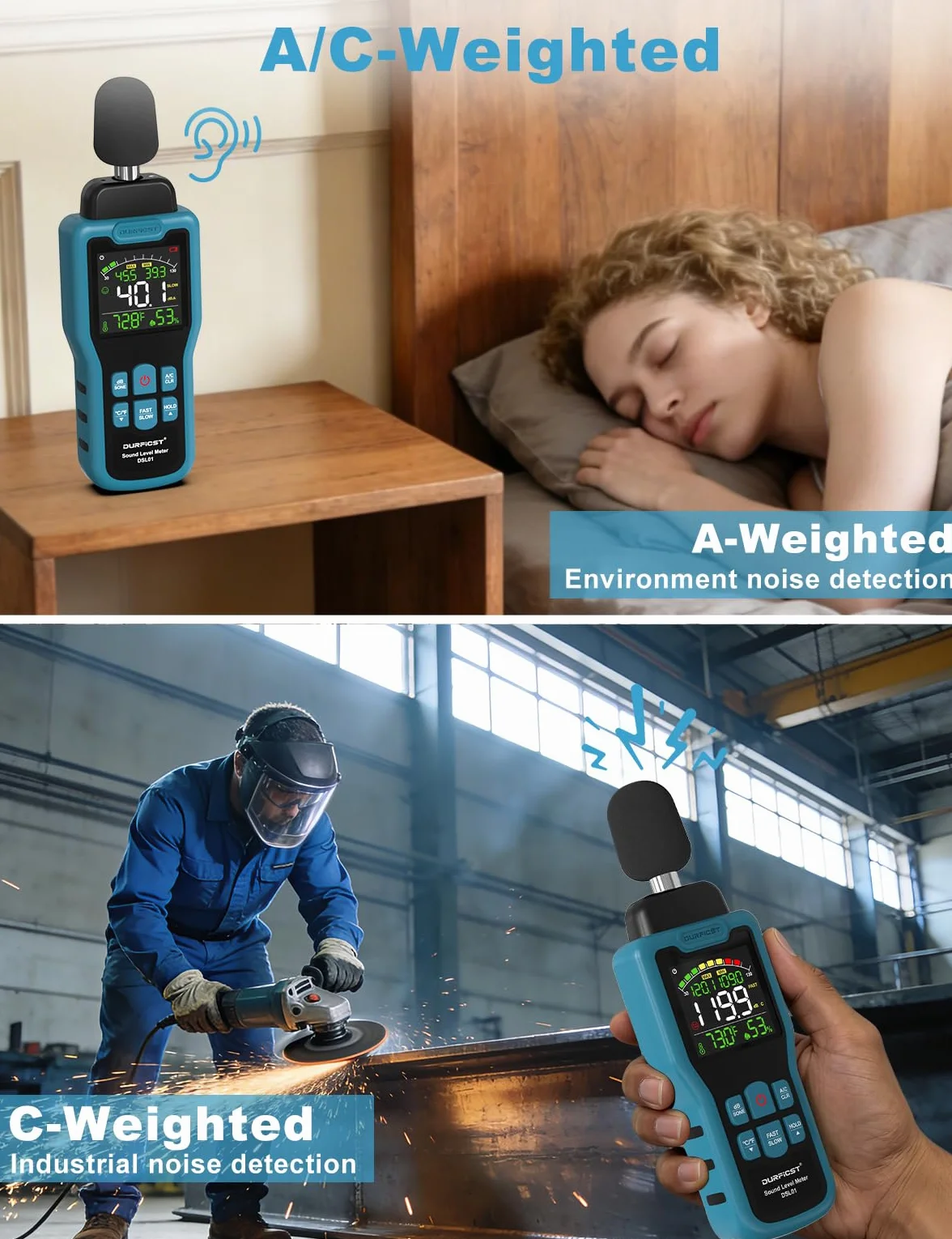 Sonomètre, DURFICST Sonometre Decibelmetre avec Mesure de la Température et de l'Humidité, Plage 30-130 dB, Décibelmètre avec Écran LCD Couleur, Pondération AC, Unité dB/SON, Réponse Rapide/Lente