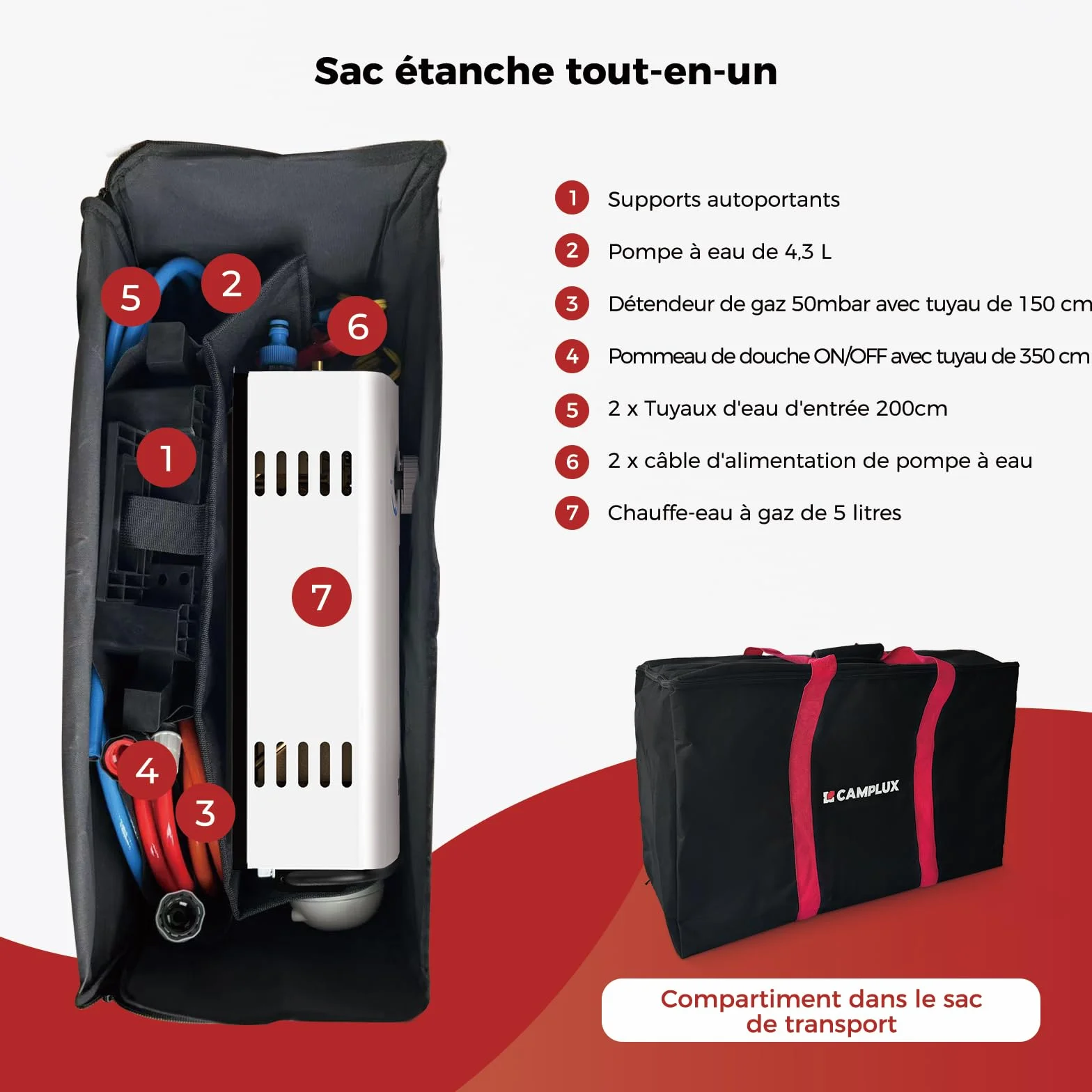 CAMPLUX AY132Max Chauffe-eau à Gaz 5 Litres Pompe à Eau Support Portatif Instantané Propane 37 mbar Butane 28-30 mbar