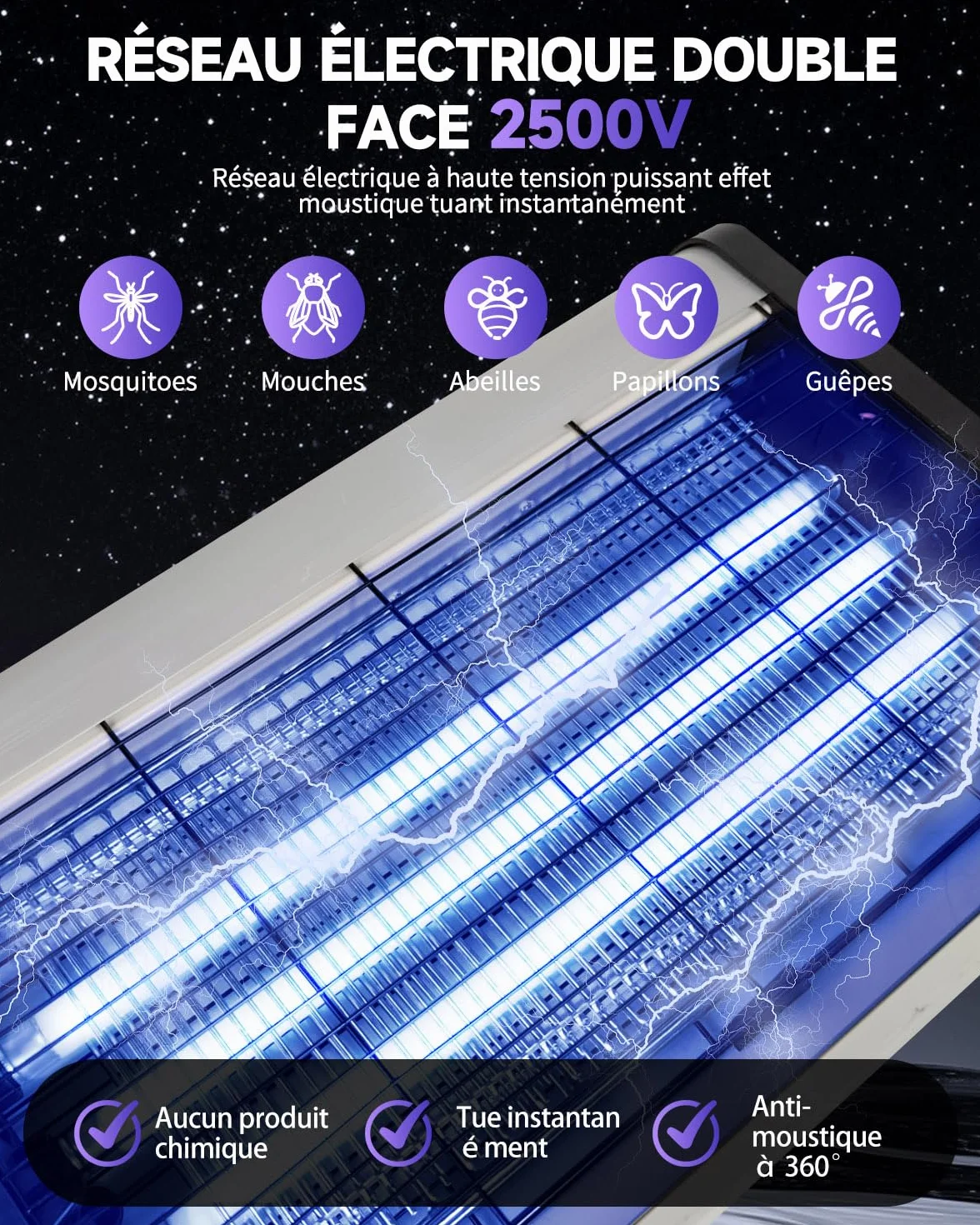 Lampe Anti Moustique Électrique 30W, Tueur d’Insectes UV 2500V, Double Grille Sécurisée, 3 Tubes LED, 20-120m²