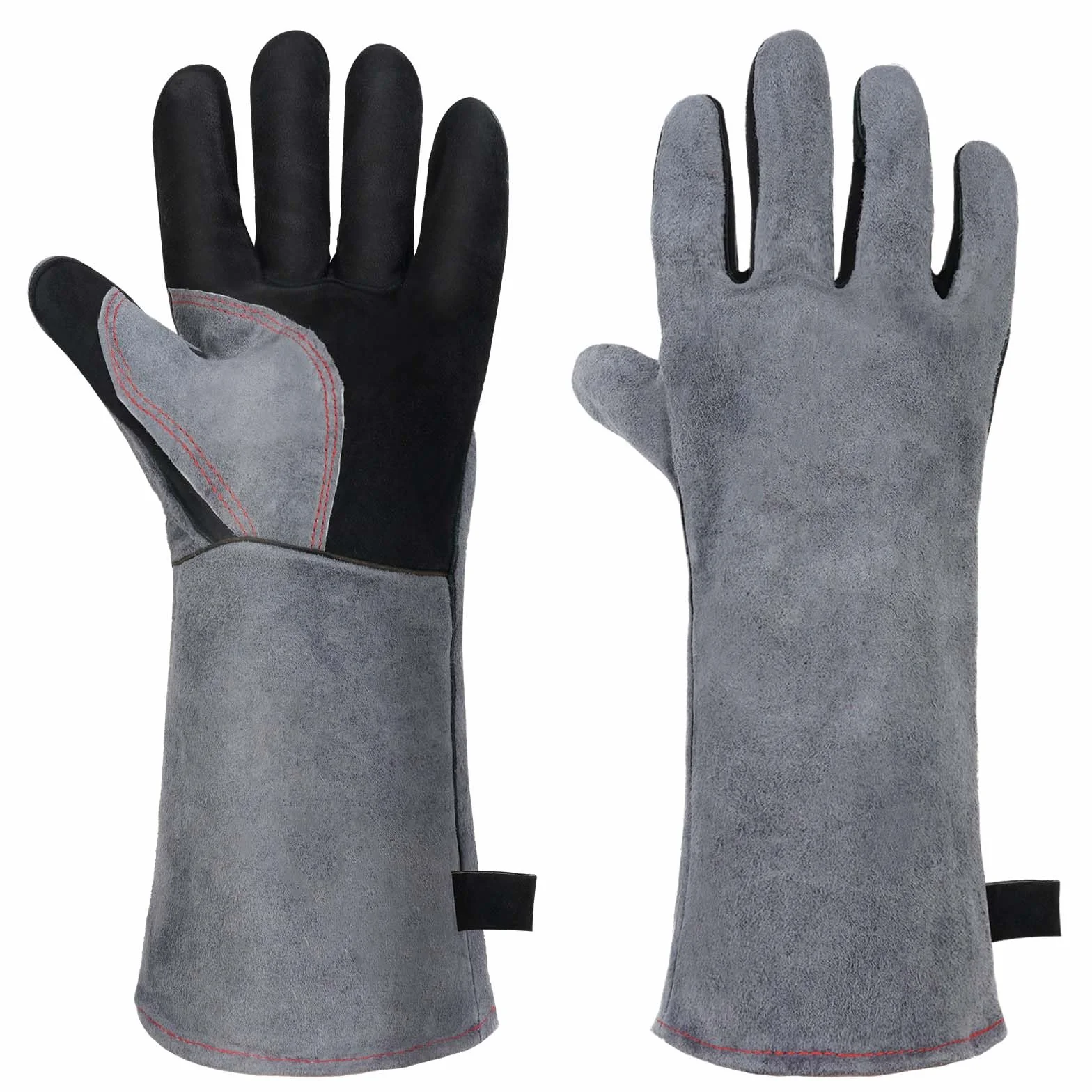 Gants de Barbecue en Cuir Anti Chaleur Épaississement Résistant au Feu pour Four Soudure Cheminée Jardinage Gris