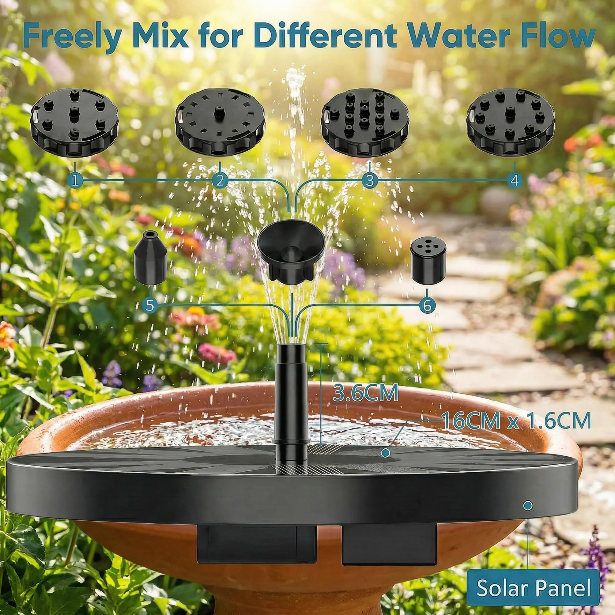 Fontaine Solaire Extérieure 1.5W avec 6 Effets de Jet, Fontaine Flottante pour Jardin Étang