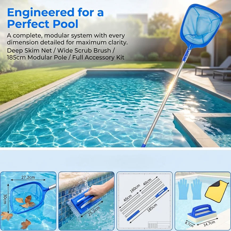 Yi'antai Epuisette Piscine Manche Telescopique 188cm Maille Brosse Kit Nettoyage Bleu