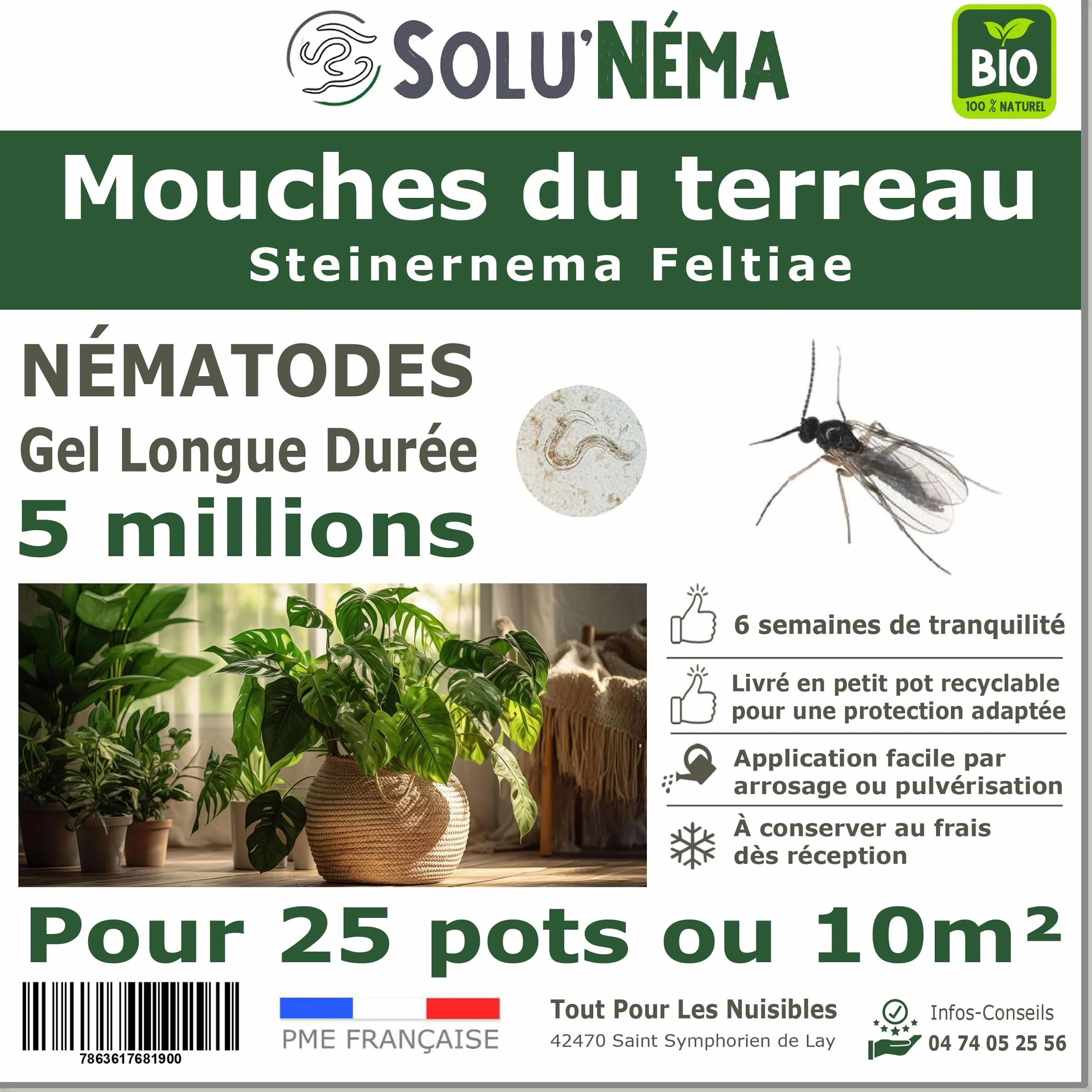 SOLUNEMA Nématodes SF contre mouches du terreau 5 millions - Traitement biologique plantes d’intérieur jusqu’à 25 pots