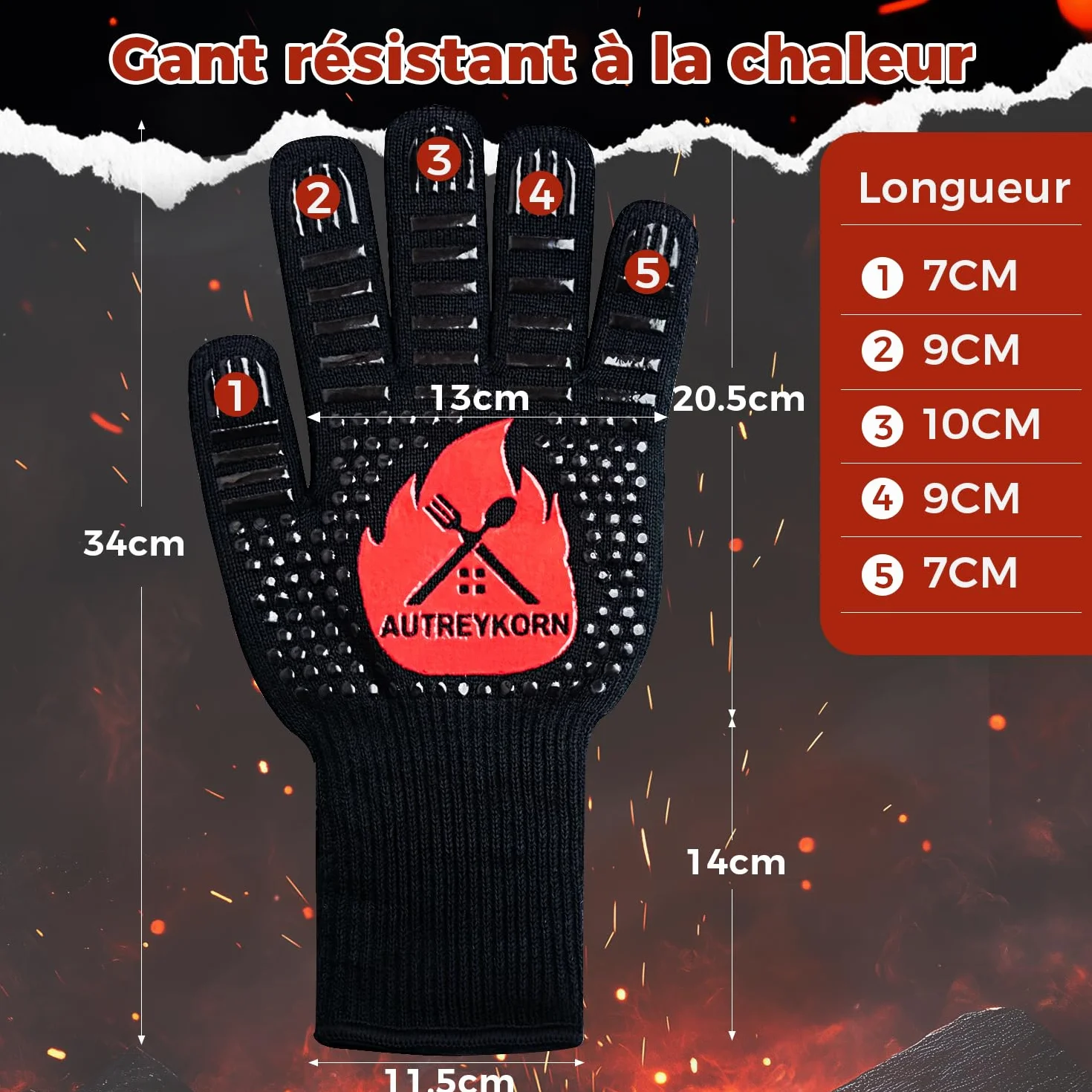 Gants de Cuisine Résistants jusqu'à 800°C en Aramid Ignifugé EN407 Antidérapants Noir L/XL/XXL
