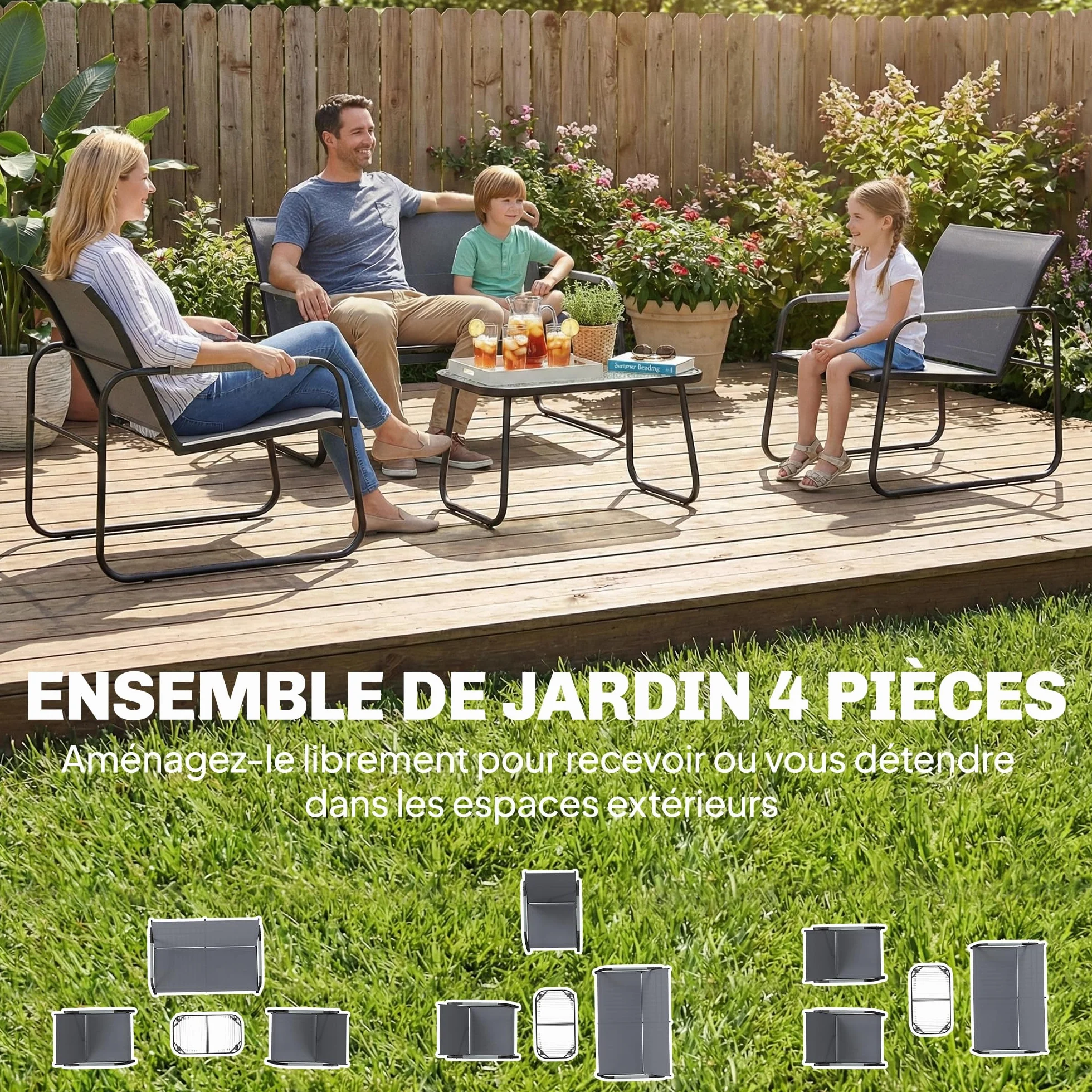Outsunny Salon de Jardin 4 Pièces Acier Textilène Ensemble Terrasse Accoudoirs Corde Tressée Canapé 2 Places Fauteuils Table Basse Verre Trempé Gris