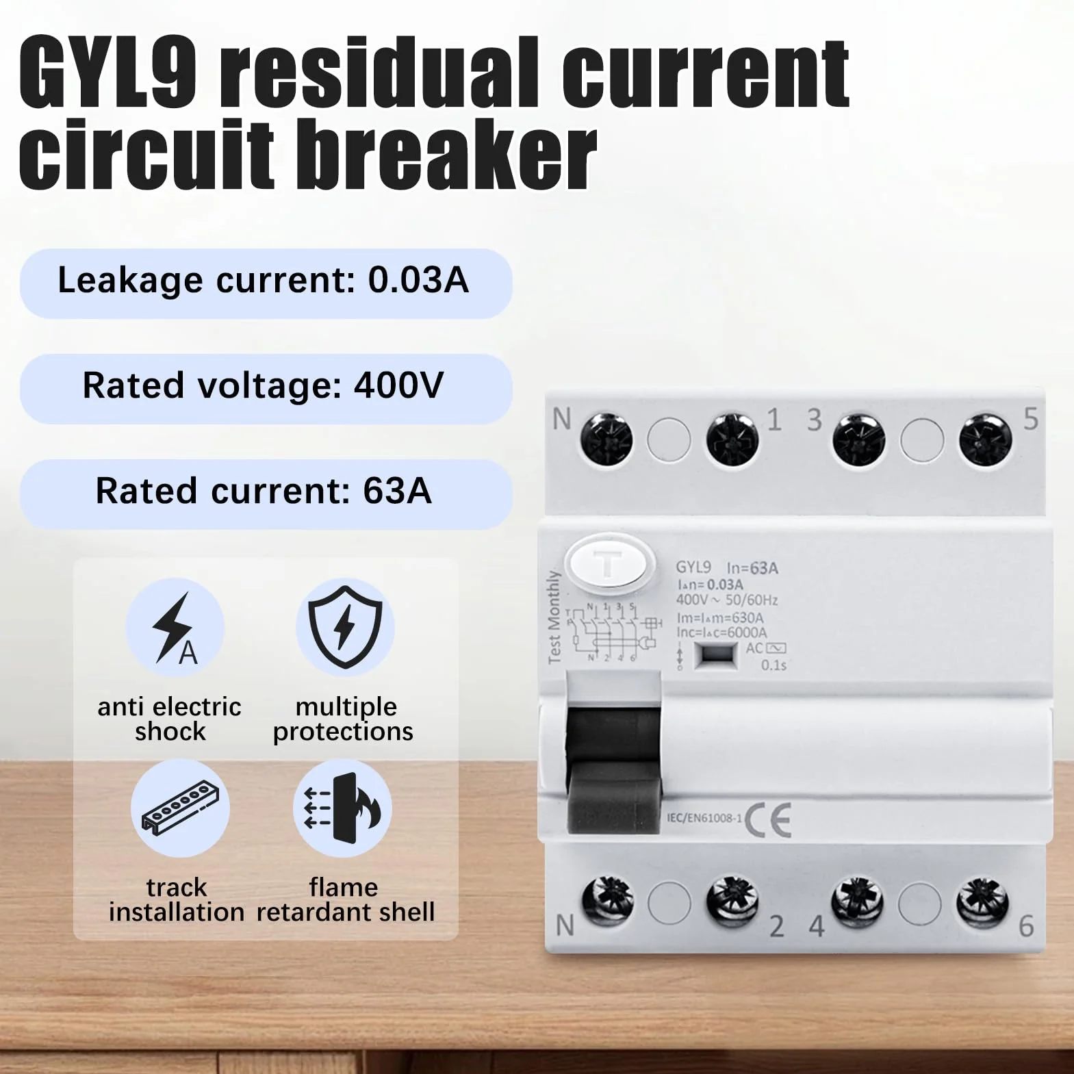 Disjoncteur différentiel 63A 30ma Interrupteur différentiel 4P type AC Disjoncteurs électriques AC 380V, Schützt persönliche Sicherheit und verhindert Geräteausfälle aufgrund von Kriechstrom.