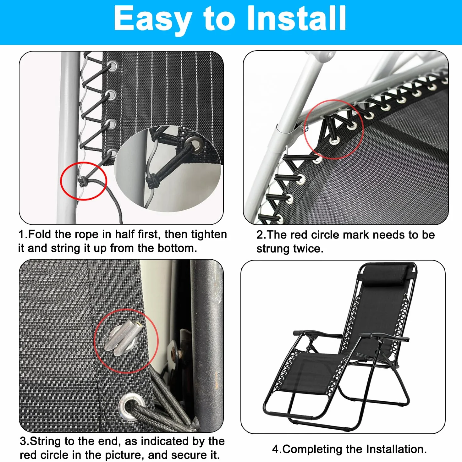 Remplacement Corde Élastique Universelle pour Fauteuil Relax, 4 Pièces Lacets pour Chaise Zéro-Gravité
