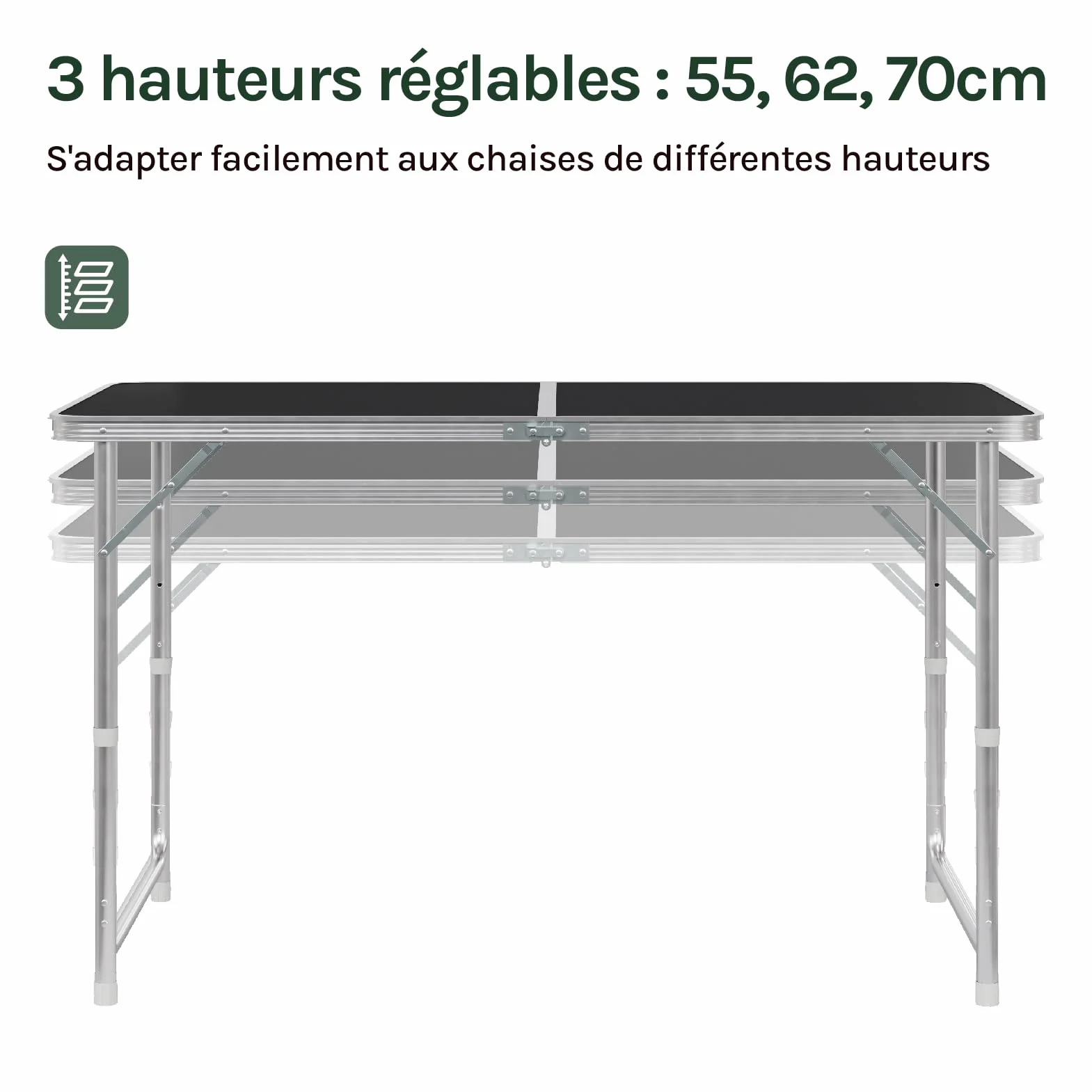 WOLTU Table de Camping Pliante en Aluminium MDF Noir réglable en Hauteur