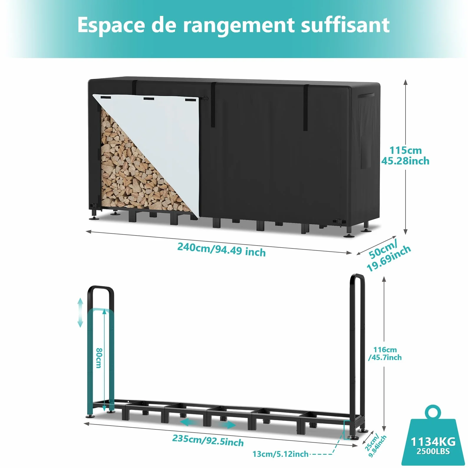 Himimi Porte-Bûches Extérieur Réglable 235 x 25 x 116 cm Capacité 1,2 m³ Support Bûches avec Housse Imperméable