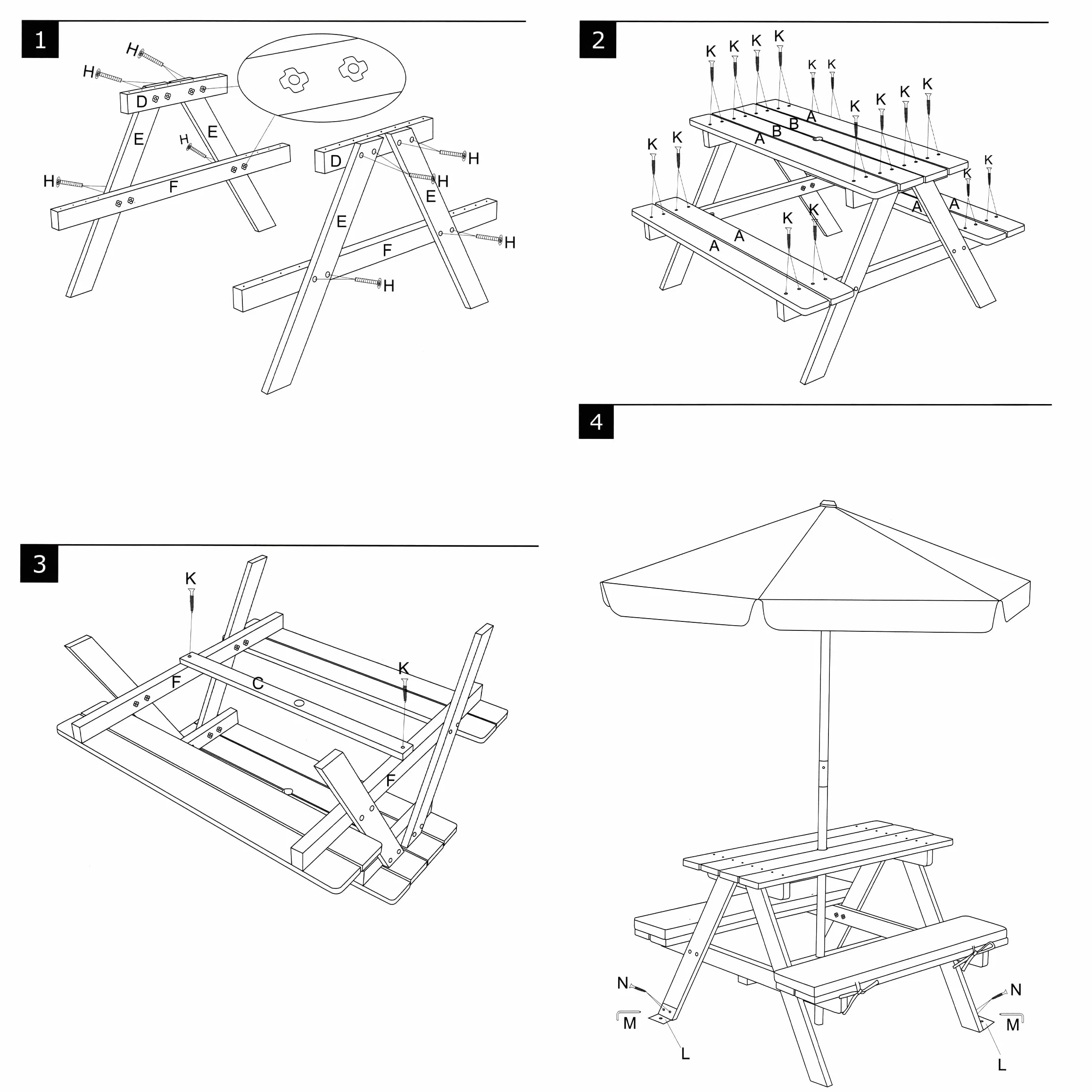 Table de pique-nique en bois pour enfants 75 x 75 cm avec parasol et coussins résistant jusqu'à 80 kg
