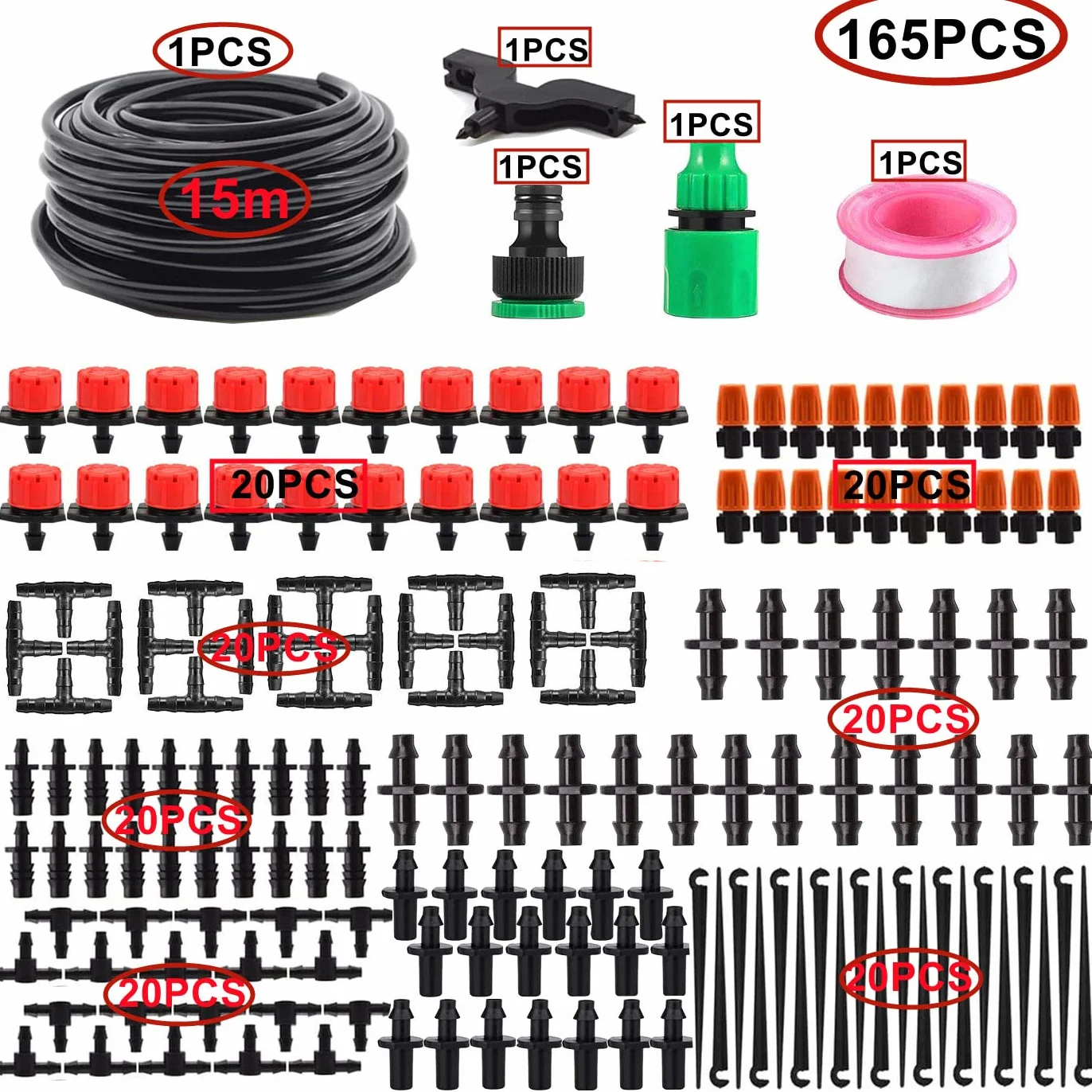 Kit d'irrigation Goutte à Goutte Automatique 165 Pcs avec Tuyau 15 Mètres pour Jardin Pelouse Serre