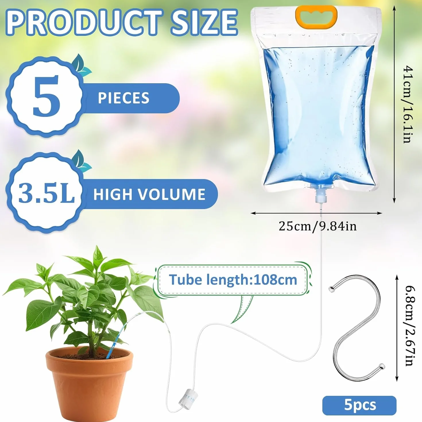 Sac d’Arrosage Automatique 3,5L 5 Pièces: Système Goutte à Goutte avec Débit Réglable pour Plantes Intérieur Extérieur