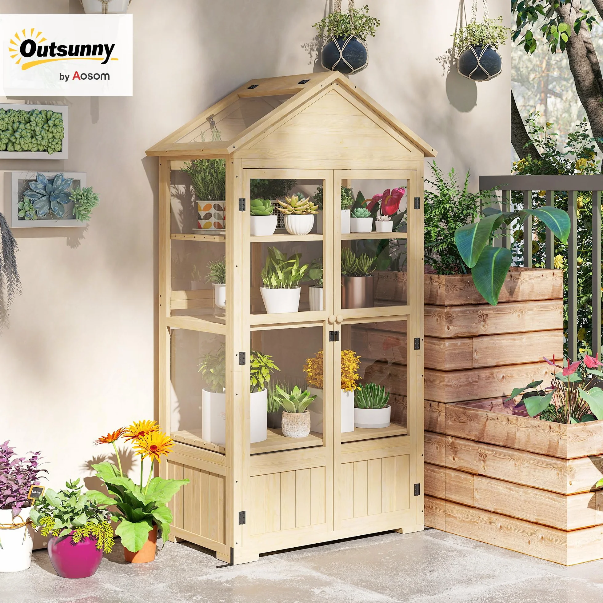 Outsunny Serre en Bois 4 Niveaux avec Fenêtre de Toit et Double Porte 100x56,5x178 cm
