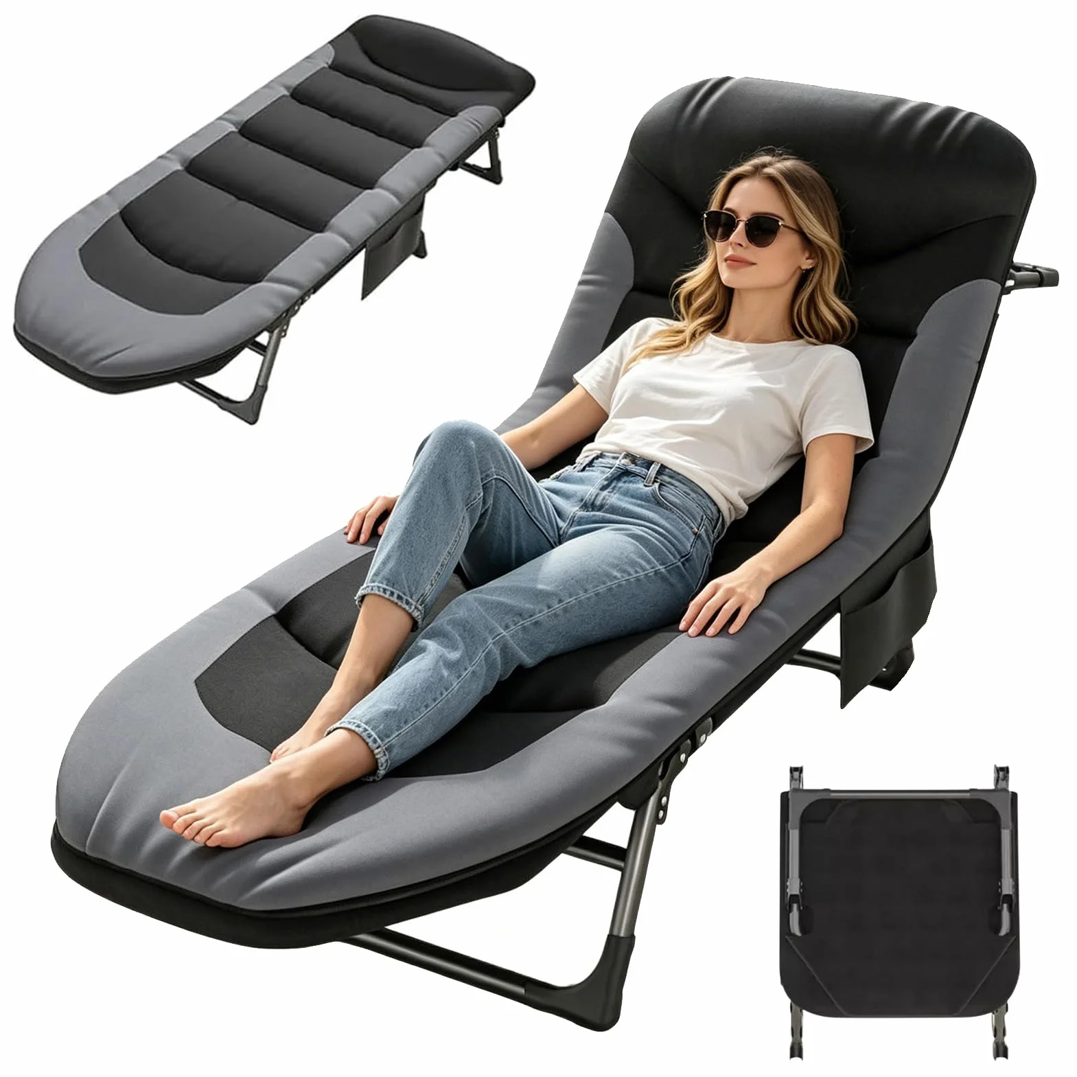 Chaise Longue Jardin Exterieur Pliable avec 6 Dossiers Réglables, Poche Latérale, Bain de Soleil pour Balcon Patio Camping (Noir)