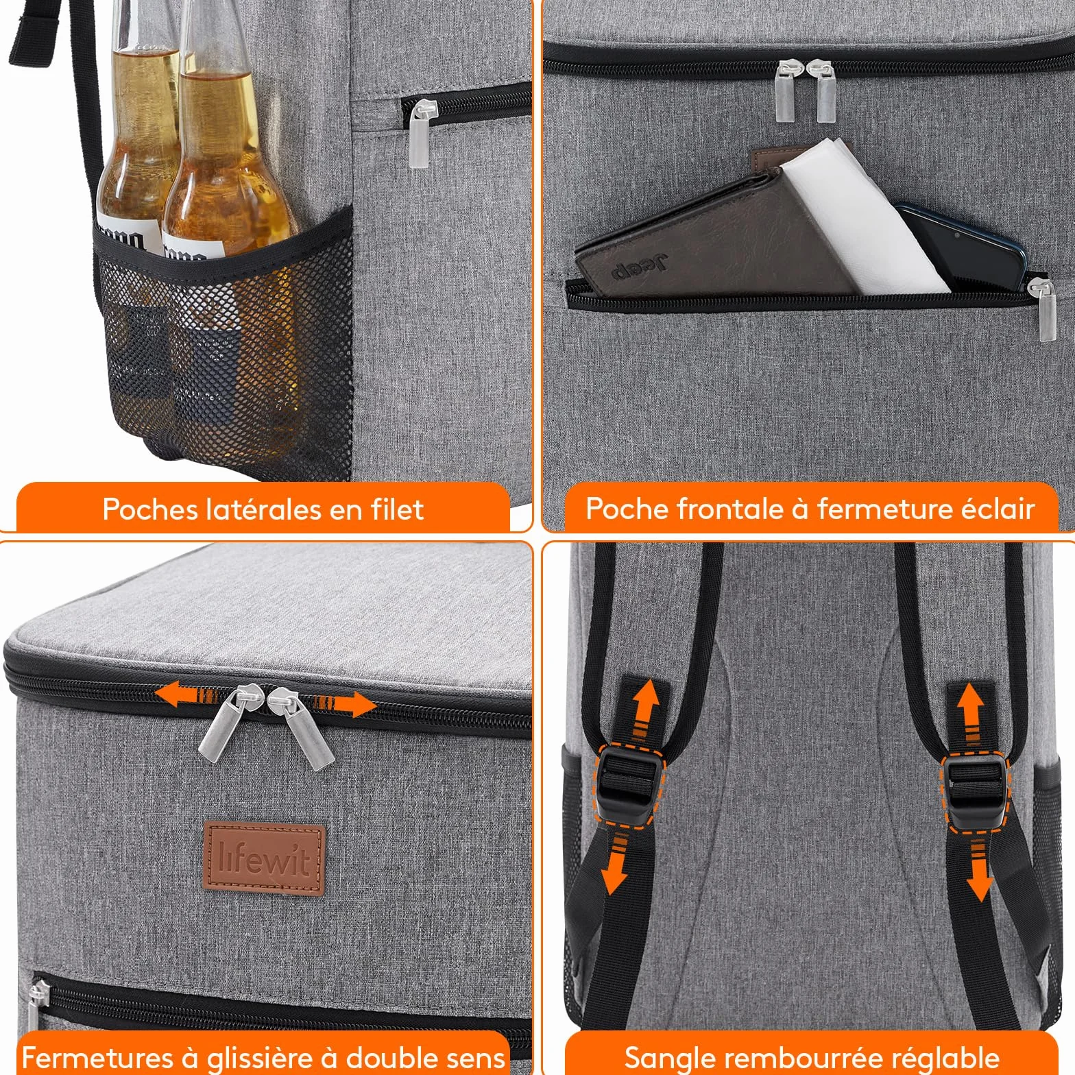 Lifewit Sac Isotherme 21L Grand Sac à Dos Repas Adulte Glacière Étanche Souple Pique-Nique Camping Gris