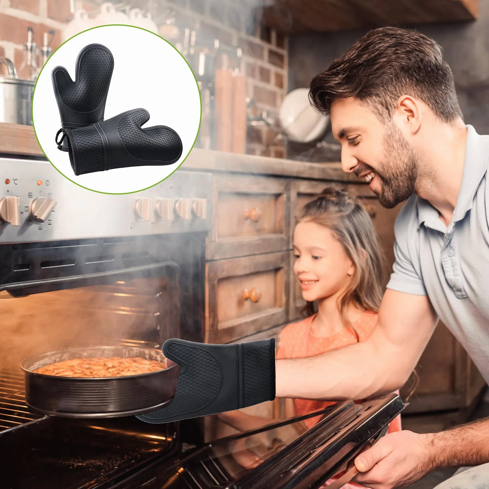 Gants de four résistants à la chaleur 300°C, set de 2 maniques silicone pour cuisine BBQ