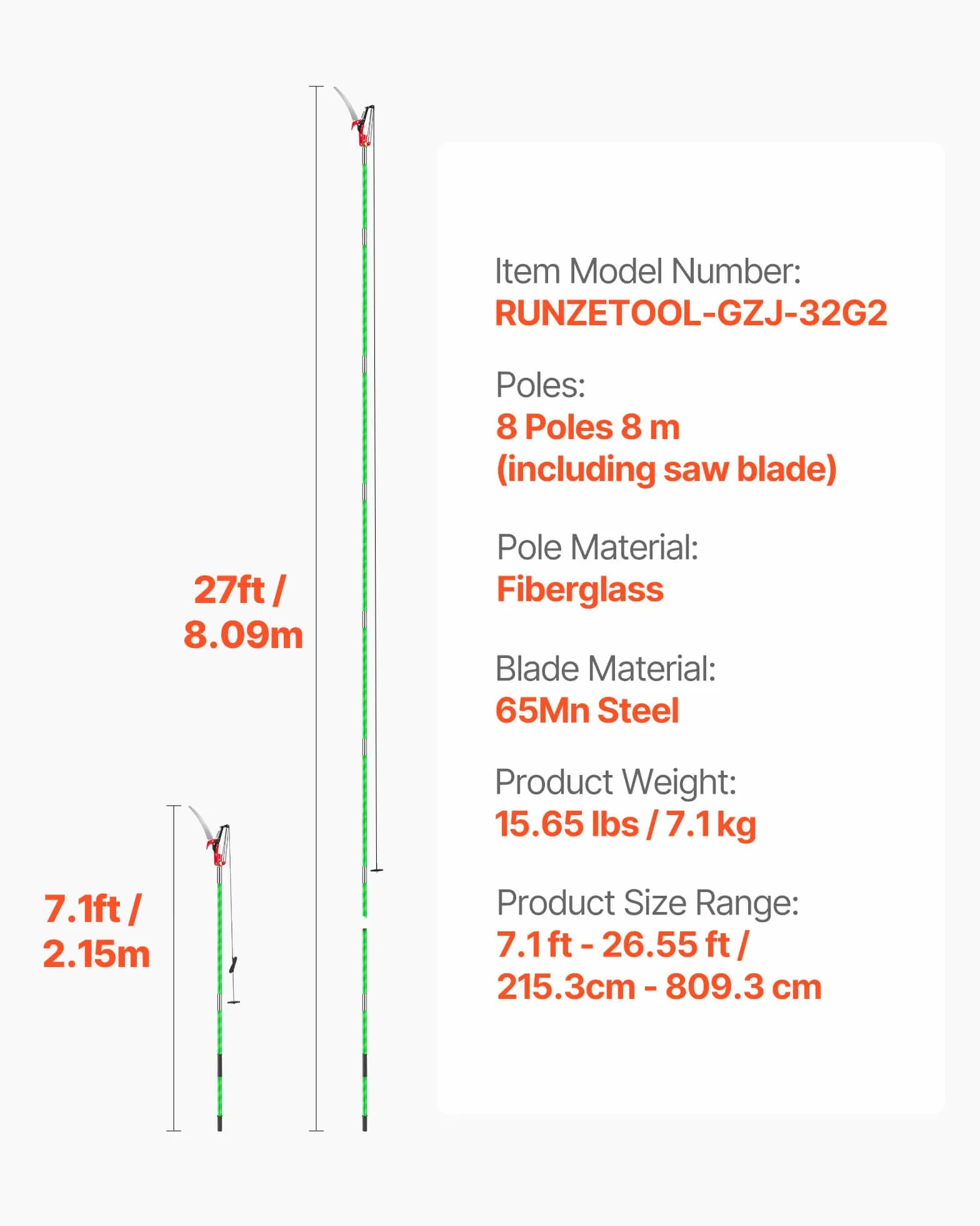 VEVOR Scie à Élaguer Extensible, 2,15-8,09 m, Scie sur Perche Manuelle, Lame Acier Tranchante, avec Ciseaux, 8 Perches Fibre de Verre, Outil Élagage pour Tailler Branches Hautes, Palmiers, Arbustes