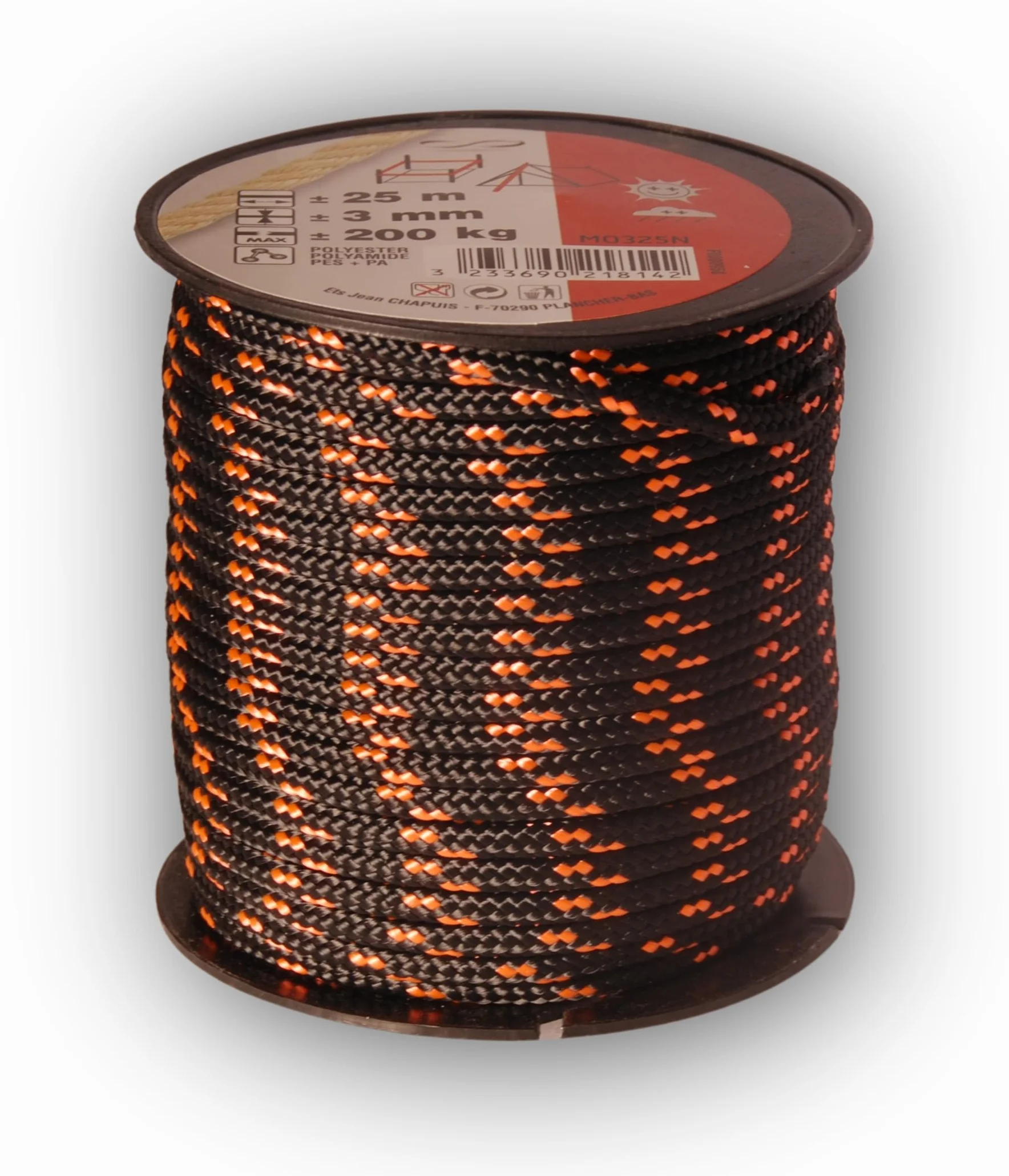 Chapuis - Tresse Polyester / Polyamide - Résistance à la Rupture Indicative 200 kg - Diamètre 3 mm - Longueur 25 m - Loisirs et Jardinage - Noir / Orange