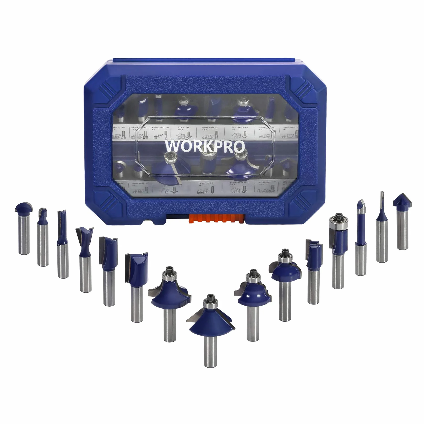 WORKPRO Coffret de 15 Fraises Défonceuses à Tige de 8 mm, Fraises à Rainurer en Acier au Tungstène pour la Finiation du Bois Divers
